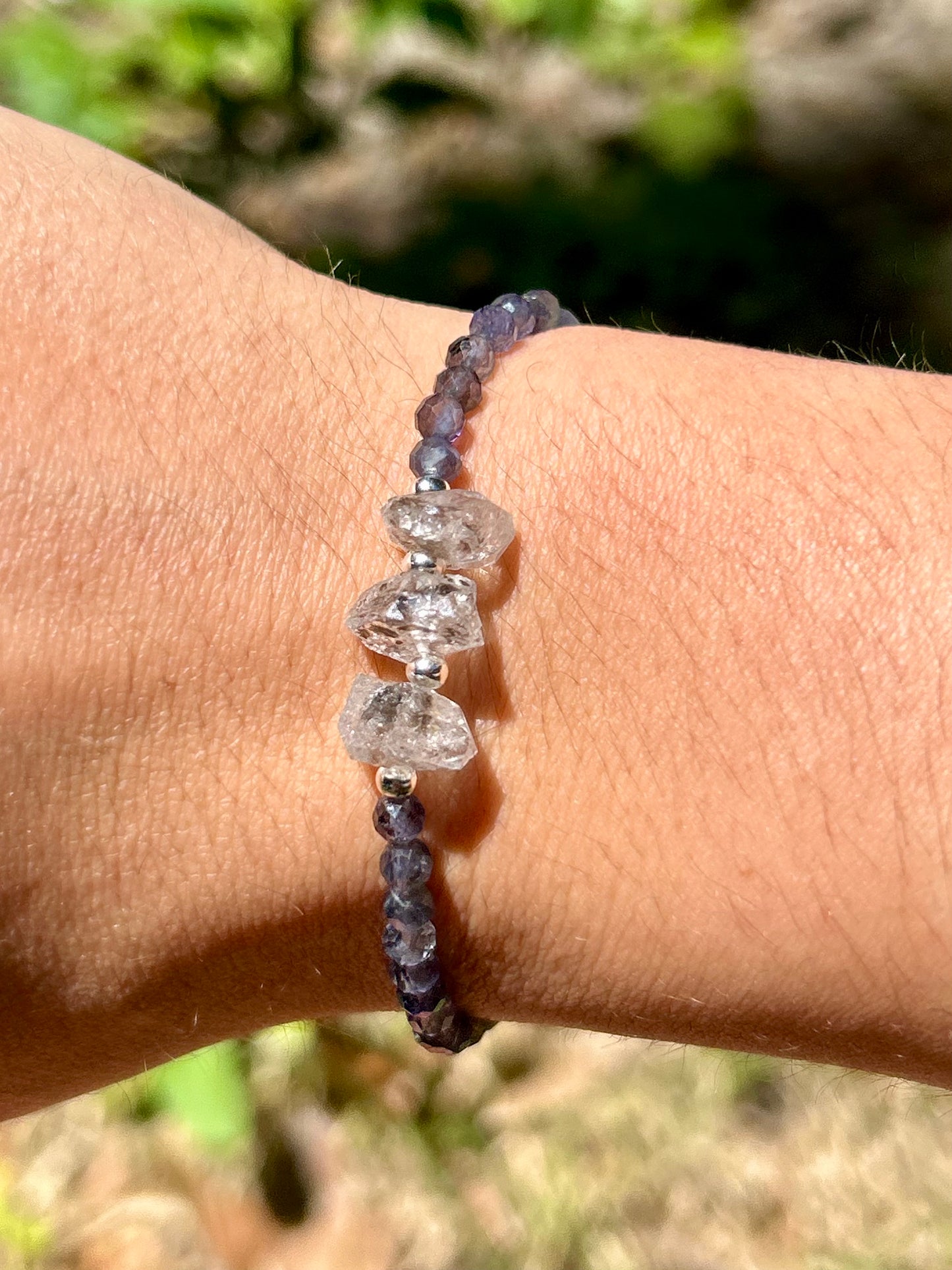 Genuine Herkimer Diamond Gemstone Beaded Bracelet with 925 Sterling Silver Spacer Beads (Iolite/Pietersite/Alalite/Topaz/Rhodonite)