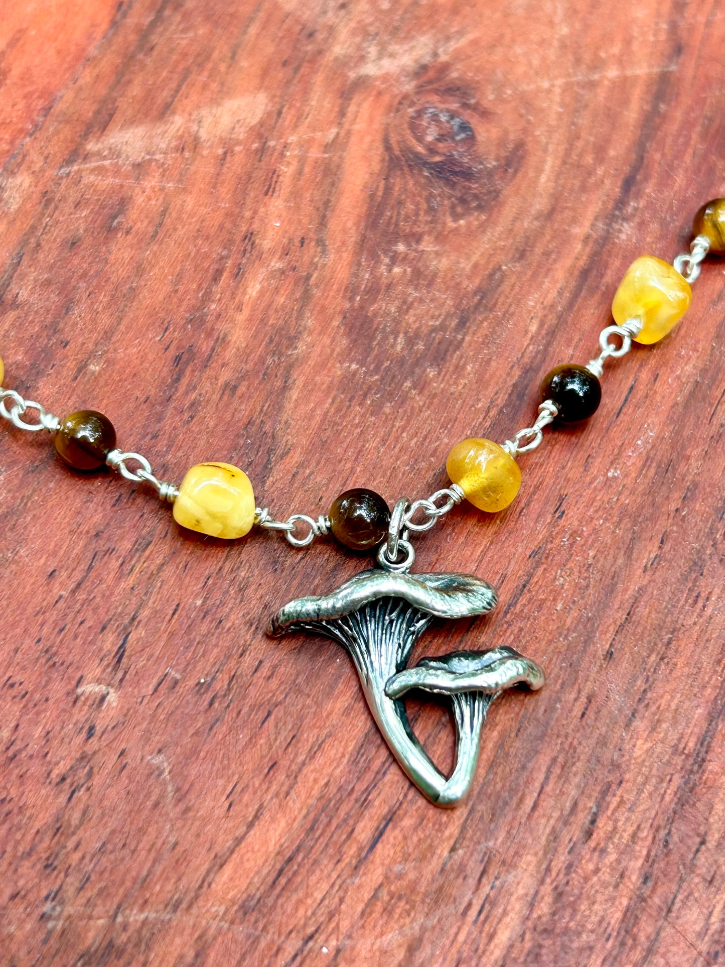 Chanterelle Mushroom with Amber & Tiger’s Eye Gemstone Sterling Silver Chain Link Wire Wrapped Necklace