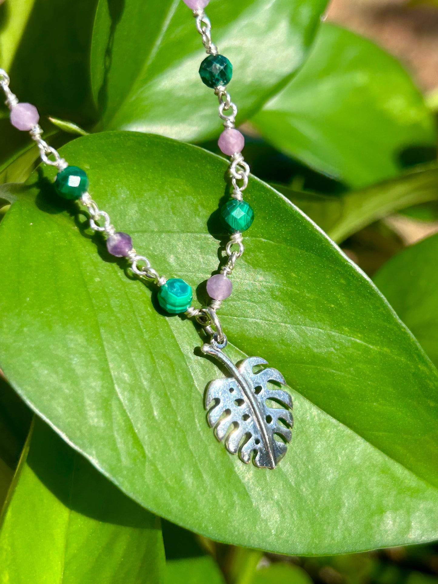 Monstera Leaf with Malachite & Lepidolite Gemstone Sterling Silver Chain Link Wire Wrapped Necklace