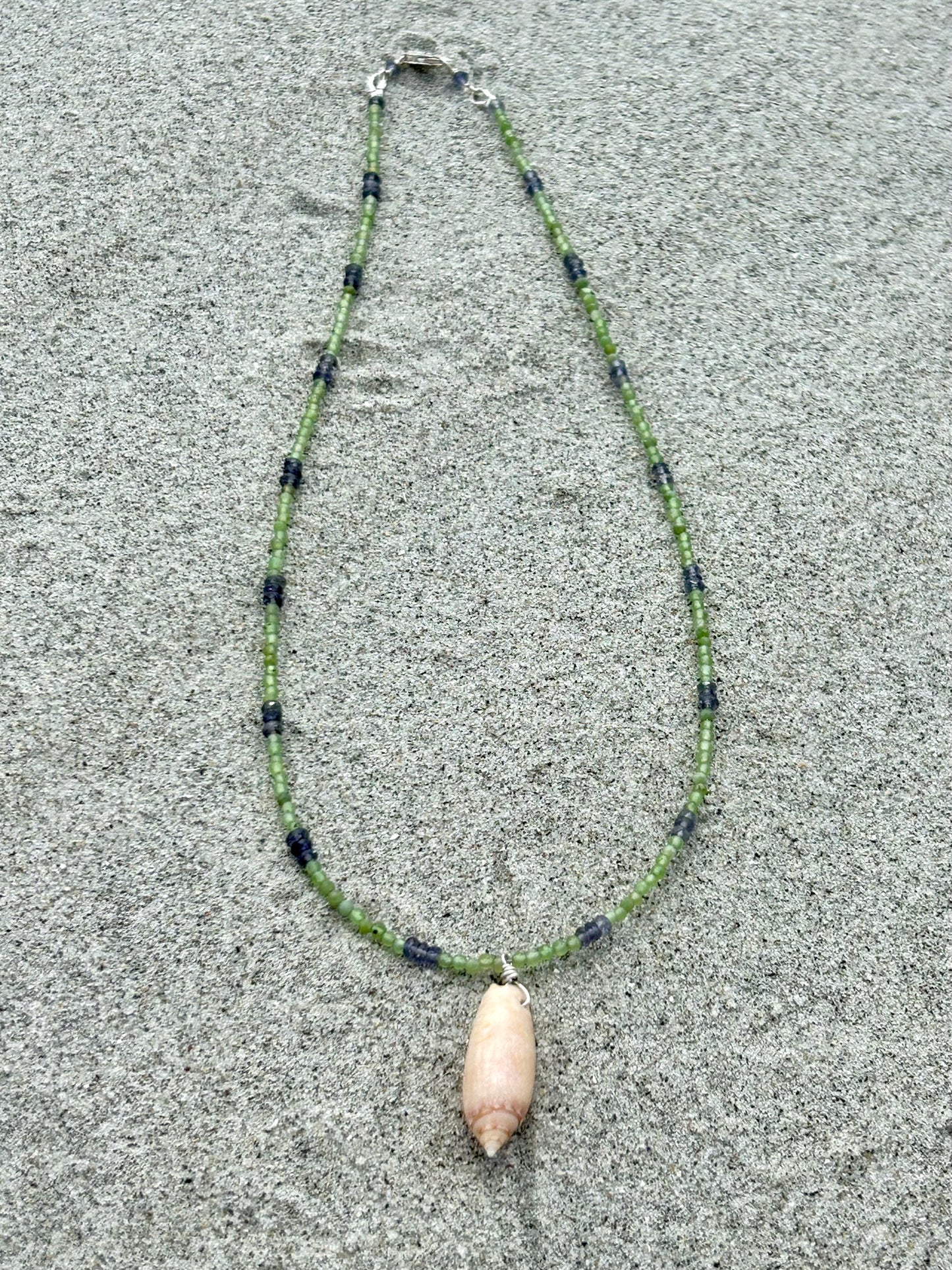 Olive Shell, Nephrite Jade & Iolite Gemstone Beaded Necklace Sterling Silver