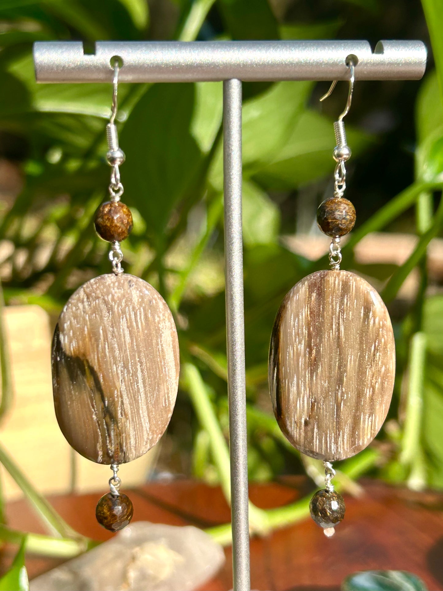 Petrified Wood & Bronzite Gemstone Sterling Silver Dangly Earrings