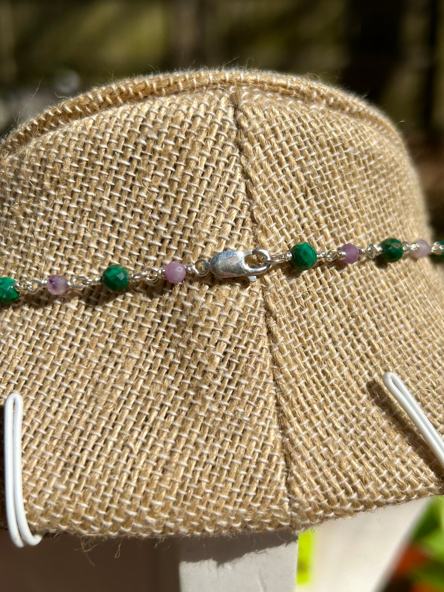 Monstera Leaf with Malachite & Lepidolite Gemstone Sterling Silver Chain Link Wire Wrapped Necklace