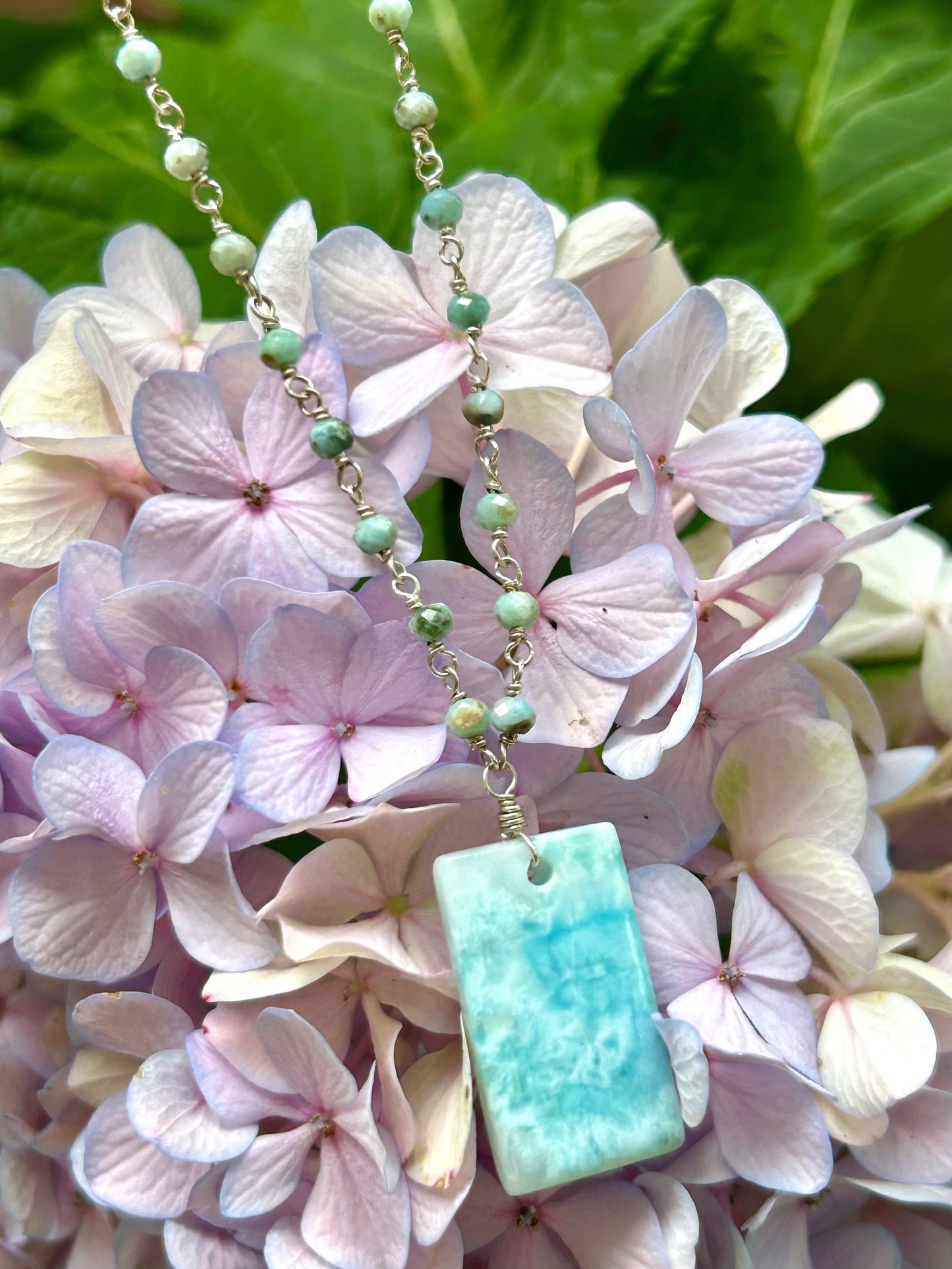 Larimar Gemstone Sterling Silver Chain Link Wire Wrapped Necklace