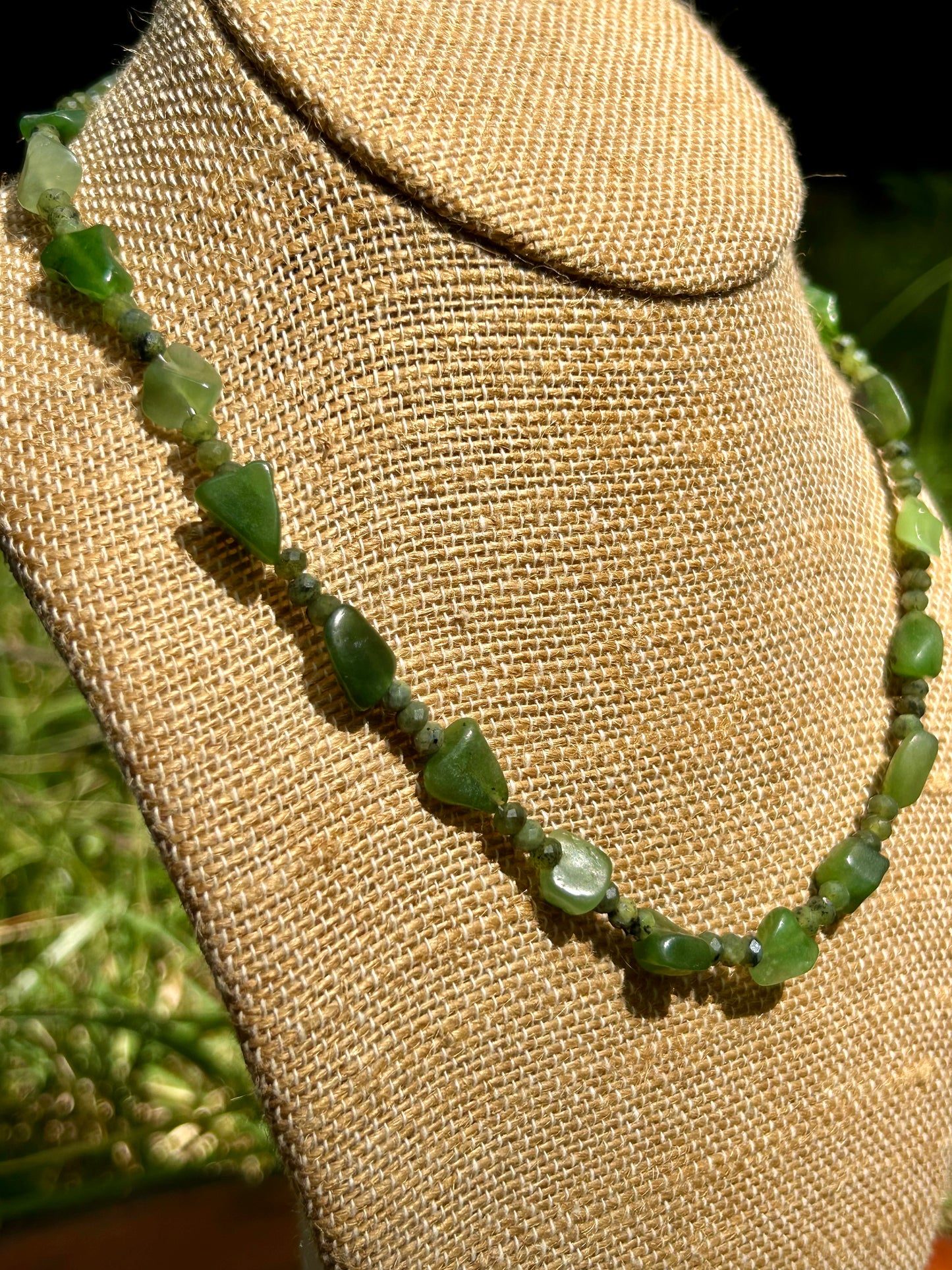 Nephrite Jade Gemstone Beaded Choker Style Necklace Sterling Silver