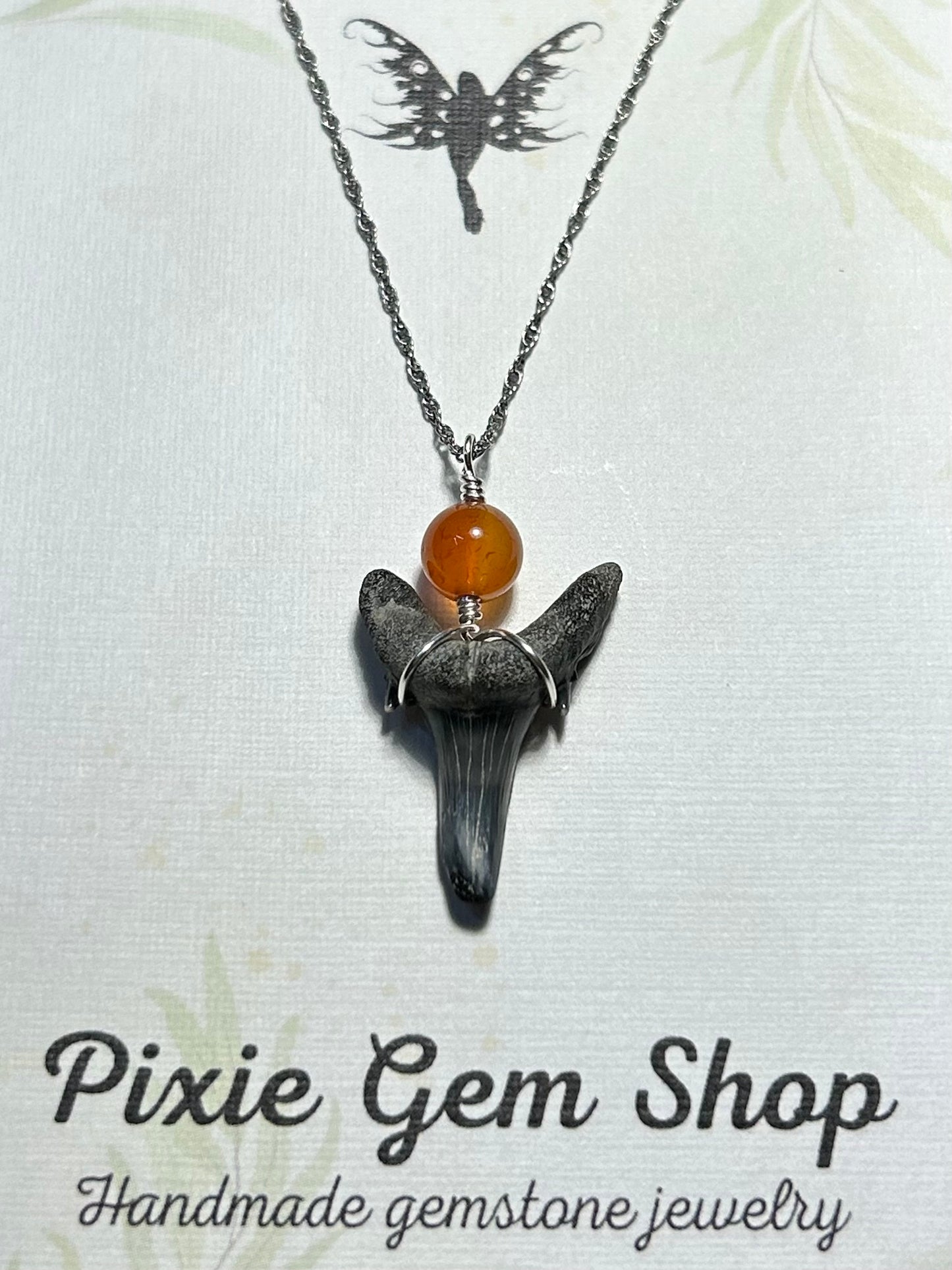 Shark Tooth Fossil & Gemstone Pendant Simple Sterling Silver Chain Necklace (Ruby/Carnelian/Jade/Apatite/Lapis Lazuli/Ametrine/Pearl)