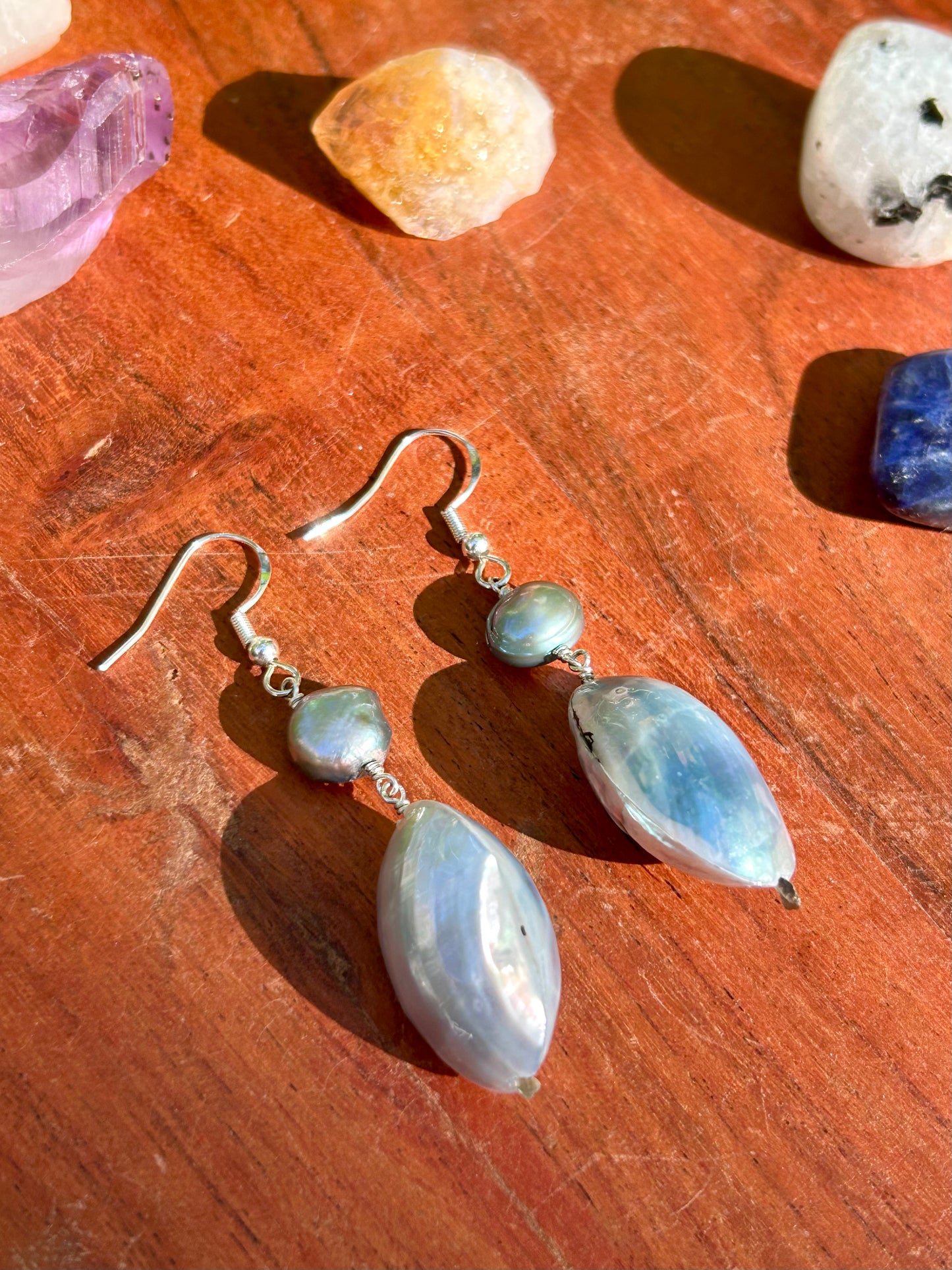 Pearl & Shell Sterling Silver Dangly Earrings