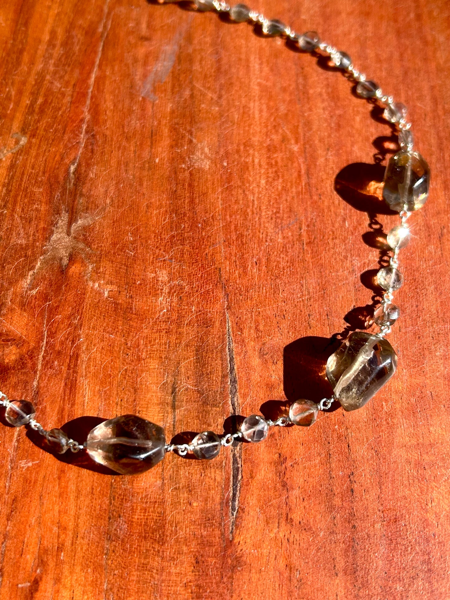 Smoky Quartz Gemstone Sterling Silver Chain Link Wire Wrapped Necklace