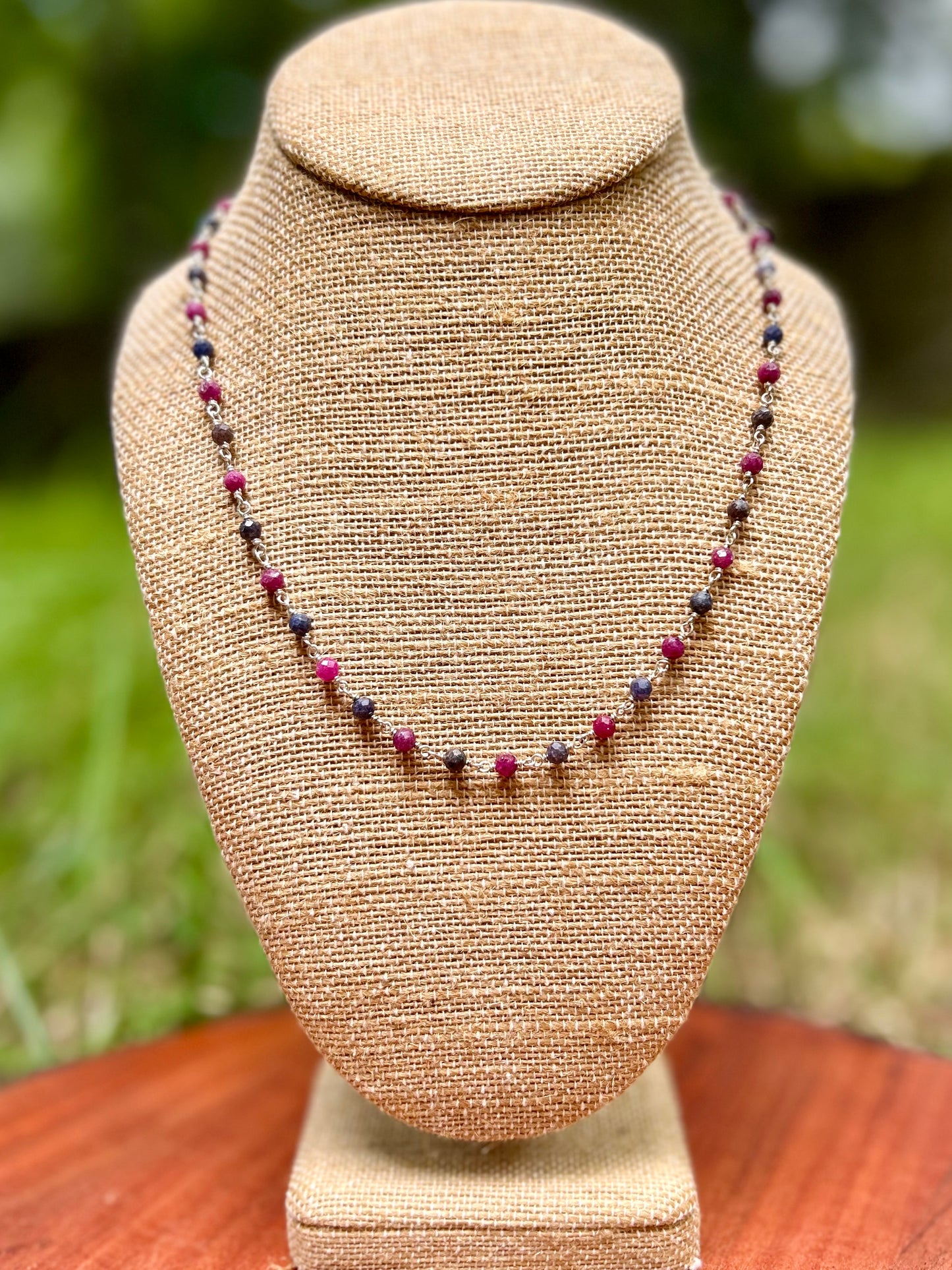 Ruby & Sapphire Gemstone Sterling Silver Chain Link Wire Wrapped Necklace