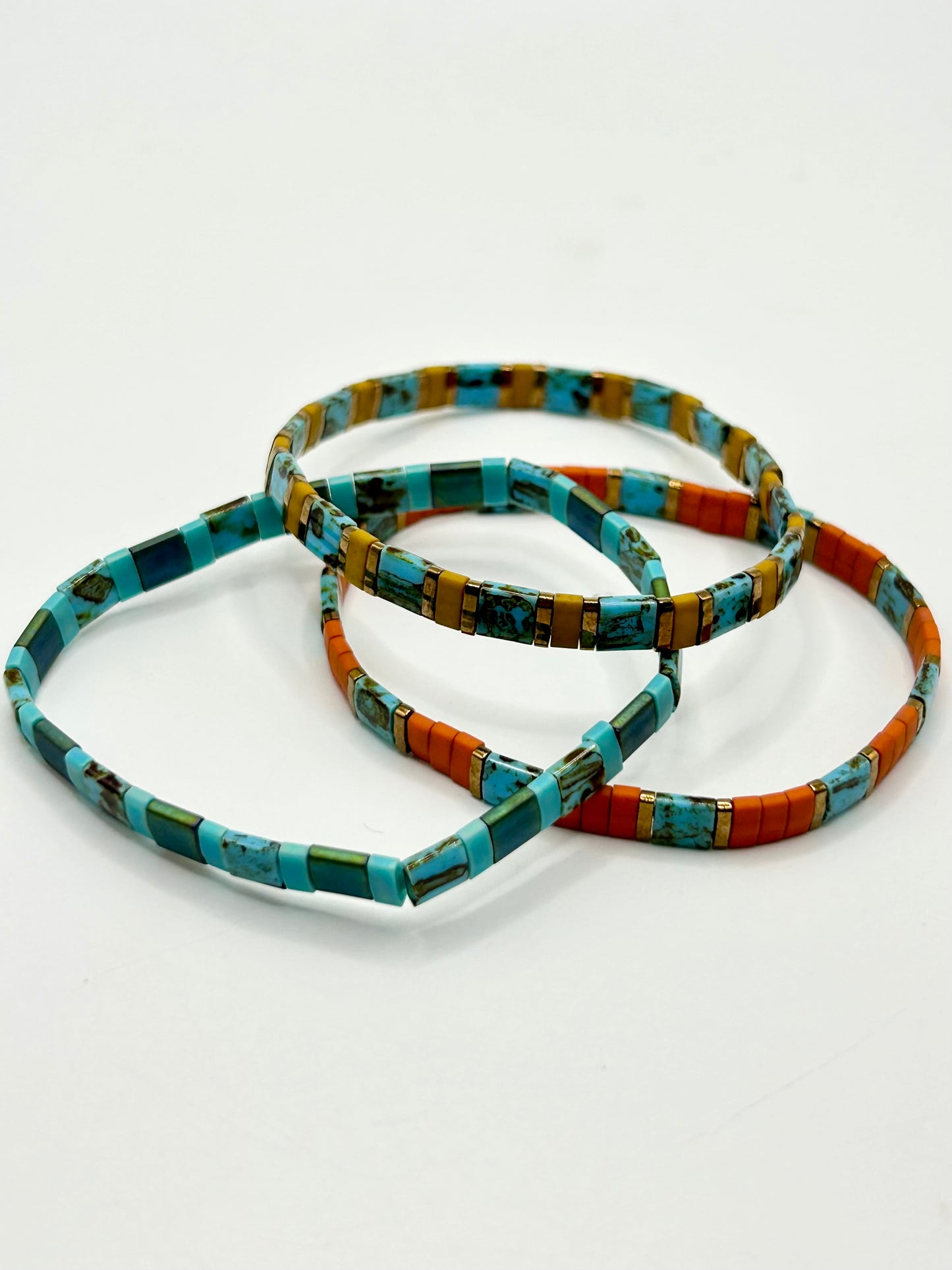 Sunset Turquoise Tila Glass Bead Elastic Bracelet Collection
