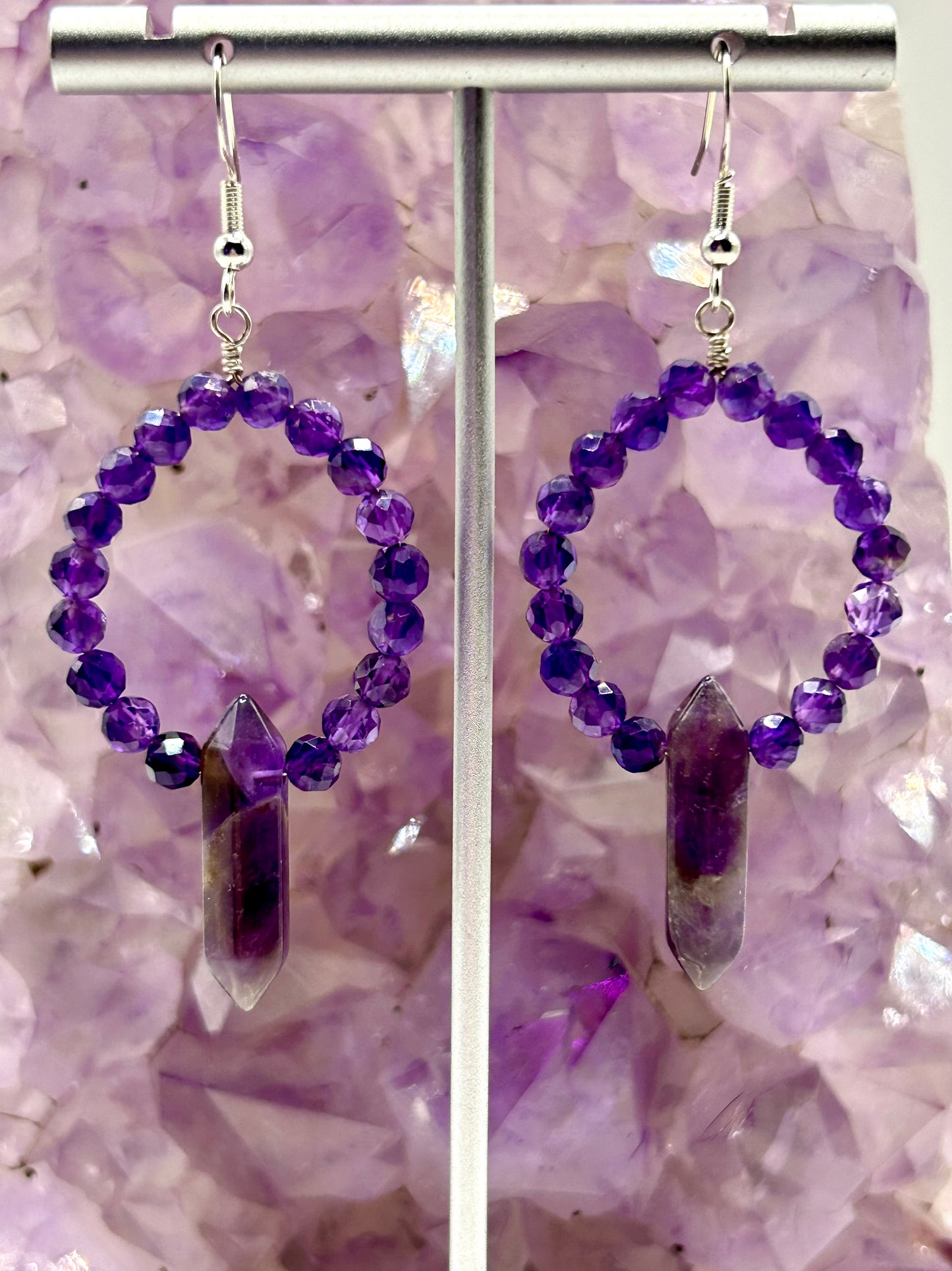 Amethyst Gemstone Sterling Silver Dangly Hoop Earrings