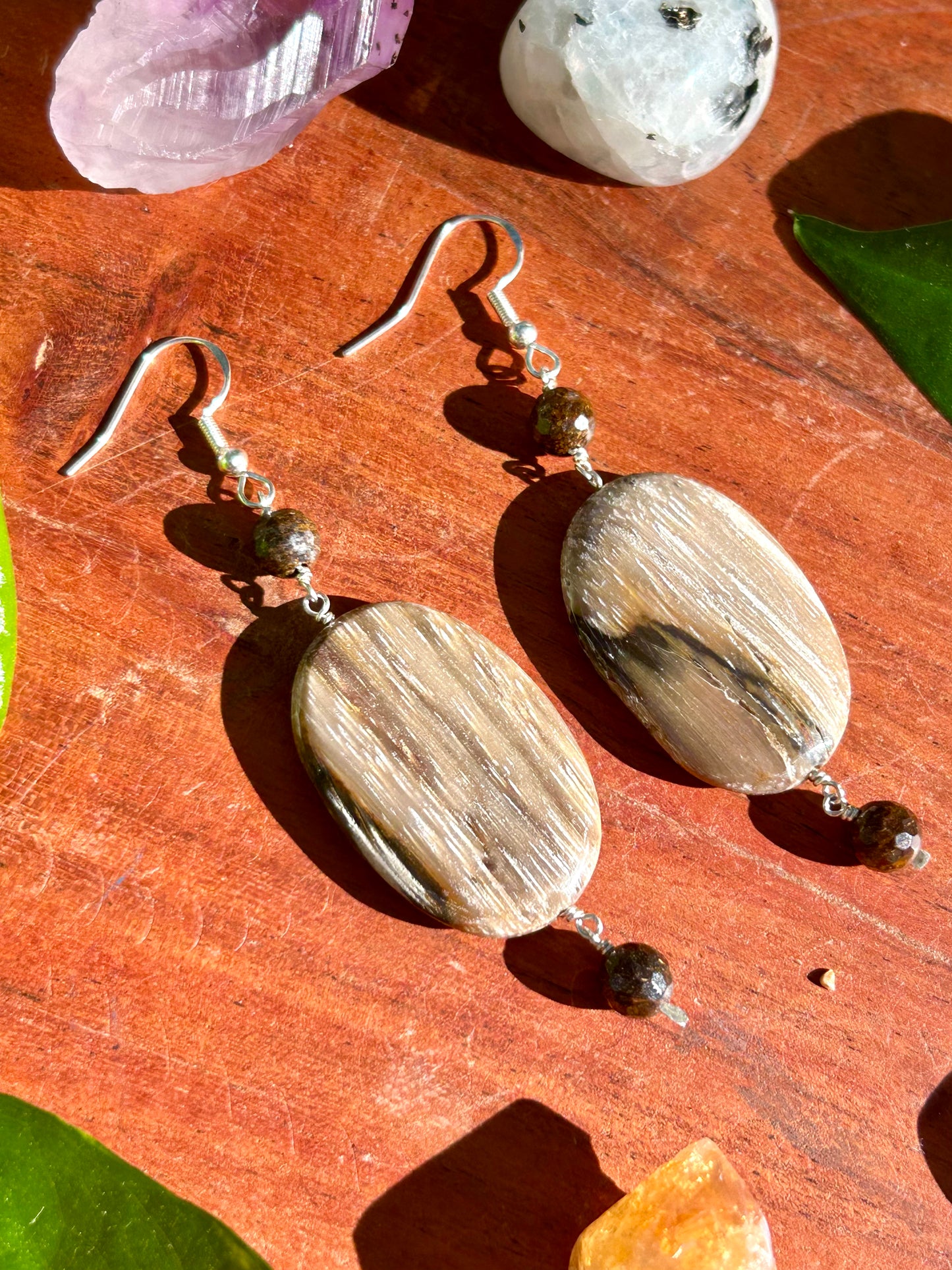 Petrified Wood & Bronzite Gemstone Sterling Silver Dangly Earrings