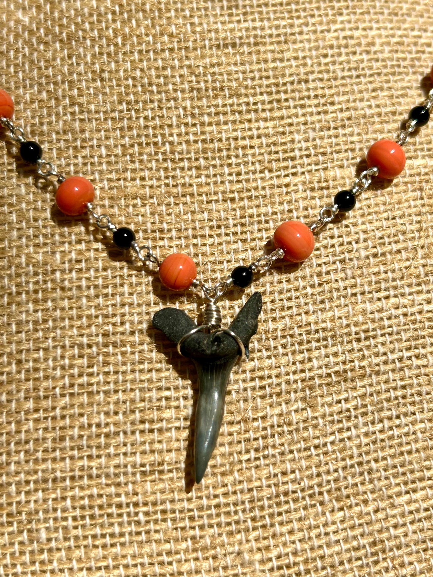 Shark Tooth Fossil with Coral & Black Onyx Sterling Silver Chain Link Wire Wrapped Necklace