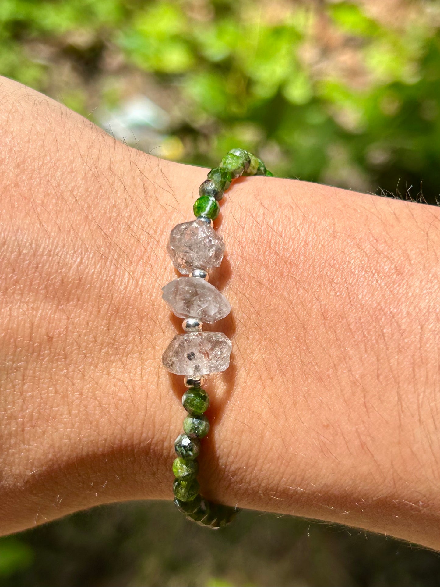 Genuine Herkimer Diamond Gemstone Beaded Bracelet with 925 Sterling Silver Spacer Beads (Iolite/Pietersite/Alalite/Topaz/Rhodonite)