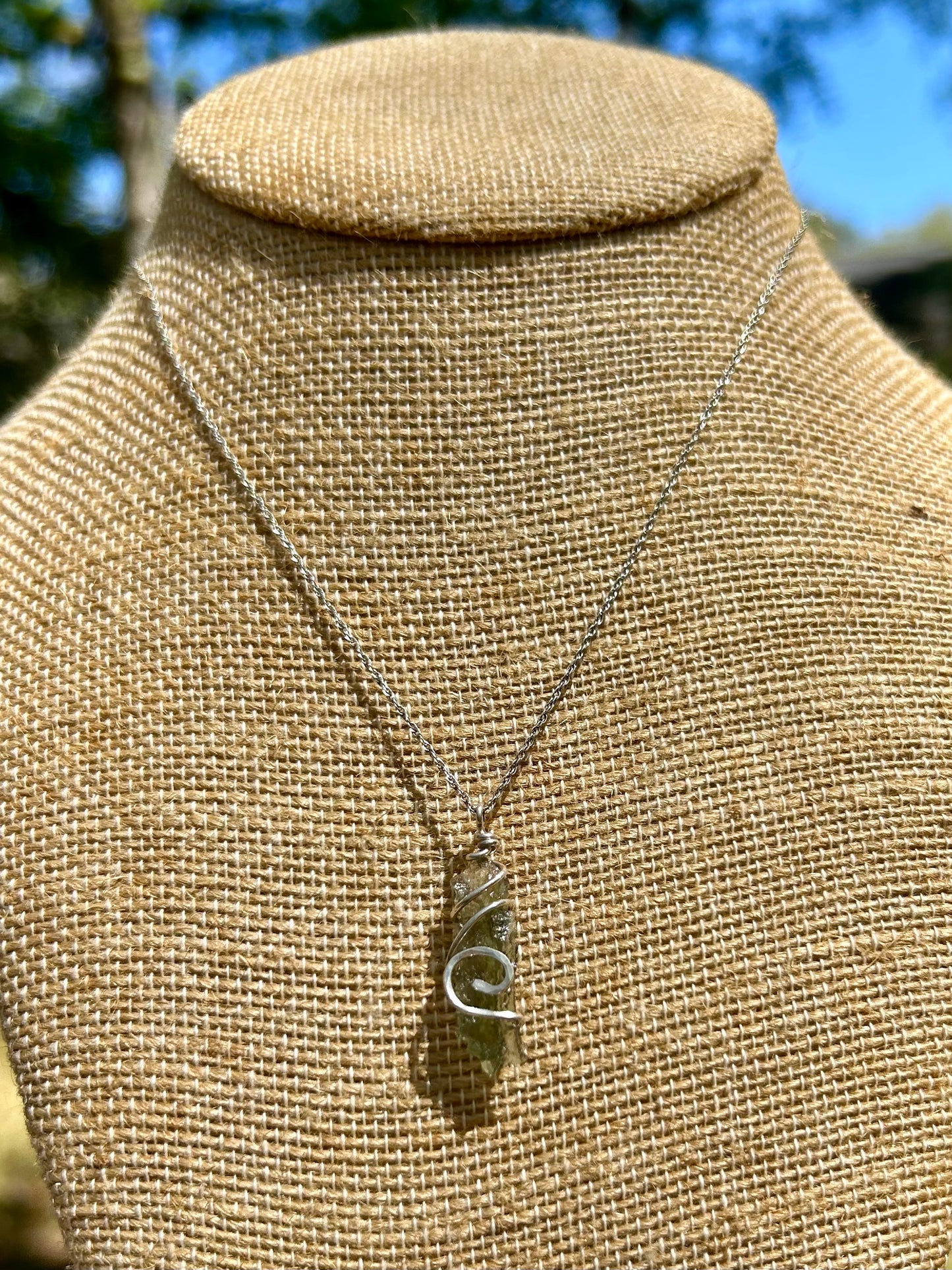 Moldavite Sterling Silver Wire Wrapped Simple Pendant Necklace