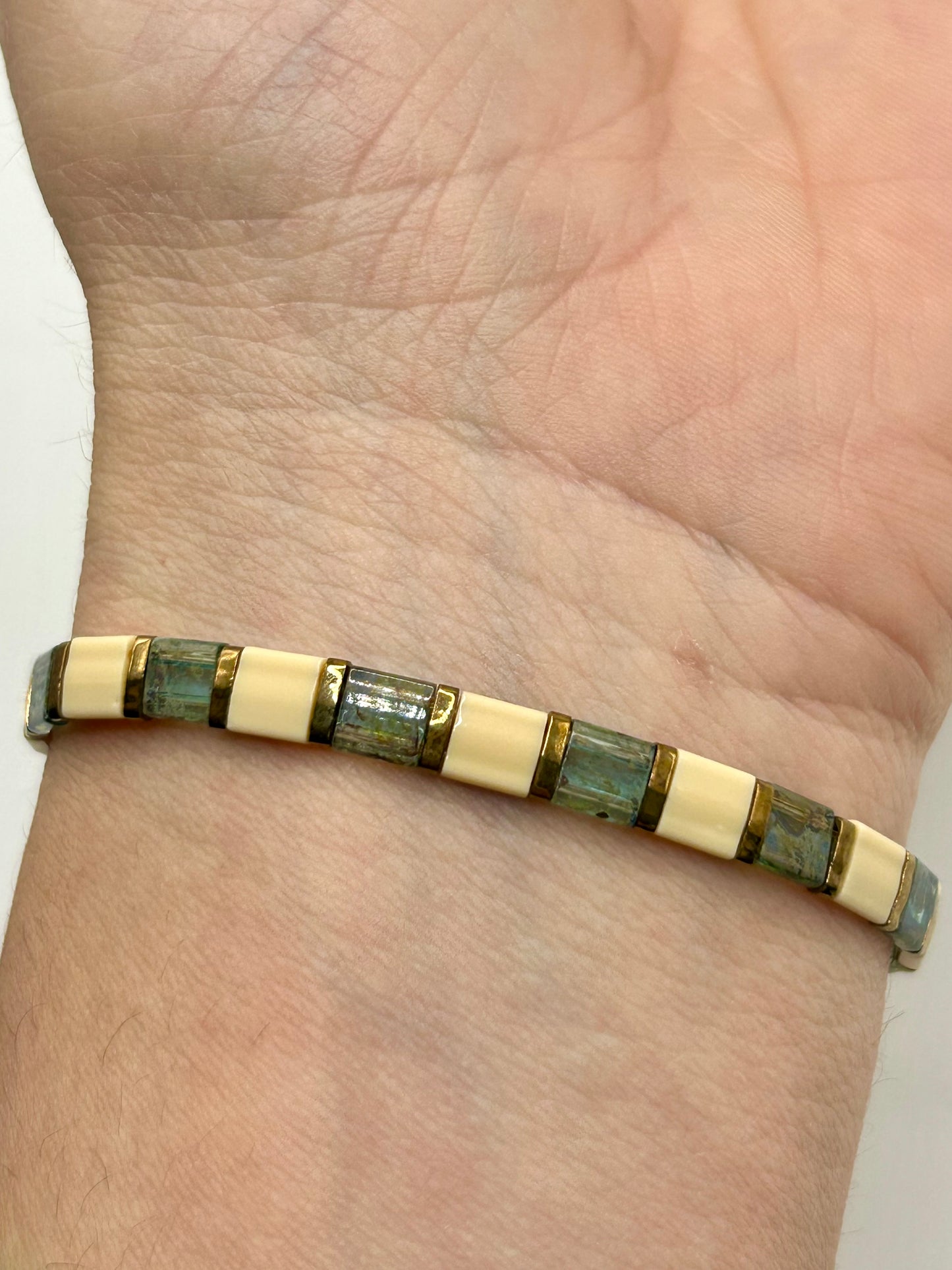 Earthy Neutrals Tila Glass Bead Elastic Bracelet Collection