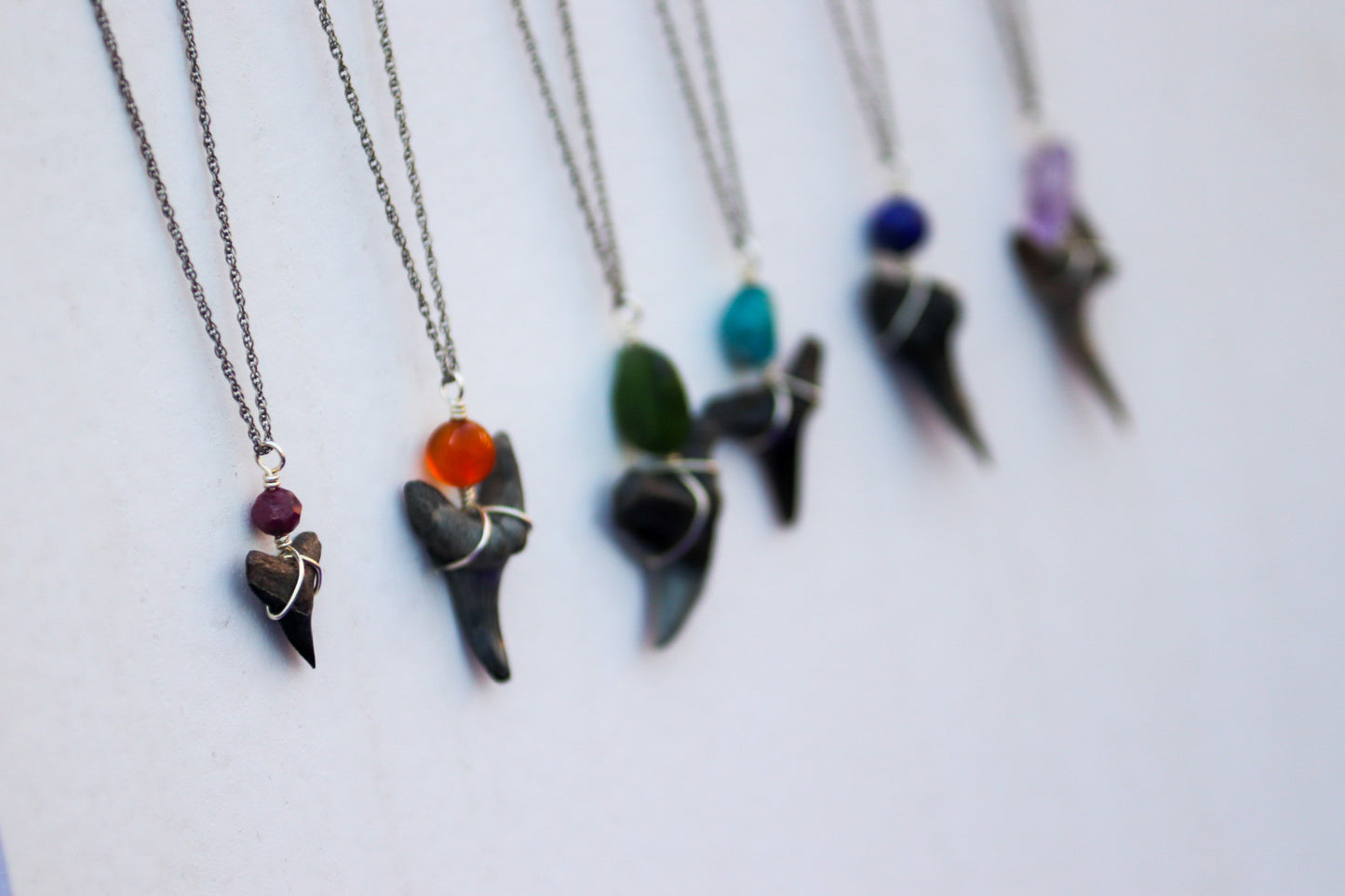 Shark Tooth Fossil & Gemstone Pendant Simple Sterling Silver Chain Necklace (Ruby/Carnelian/Jade/Apatite/Lapis Lazuli/Ametrine/Pearl)