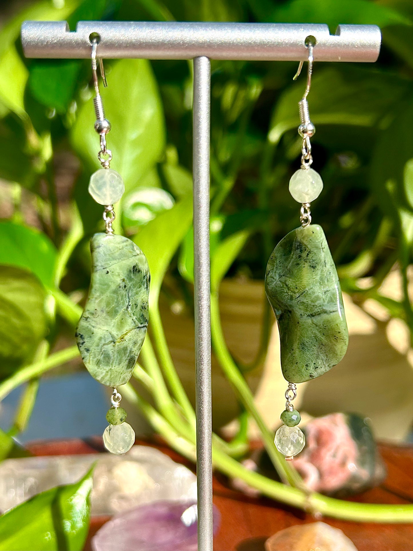Serpentine, Prehnite & Jade Gemstone Sterling Silver Dangly Earrings