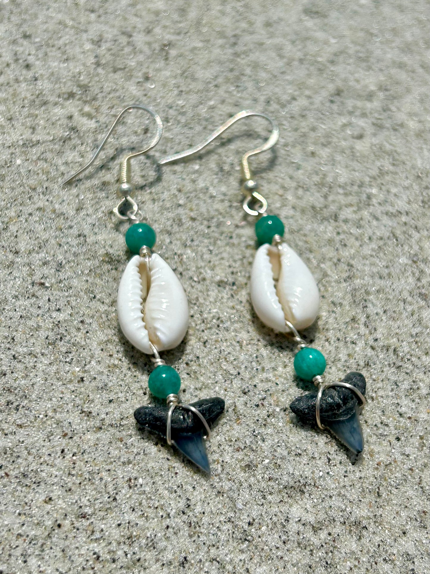 Shark Tooth Fossil with Cowrie Shell & Amazonite Gemstone Sterling Silver Dangly Earrings