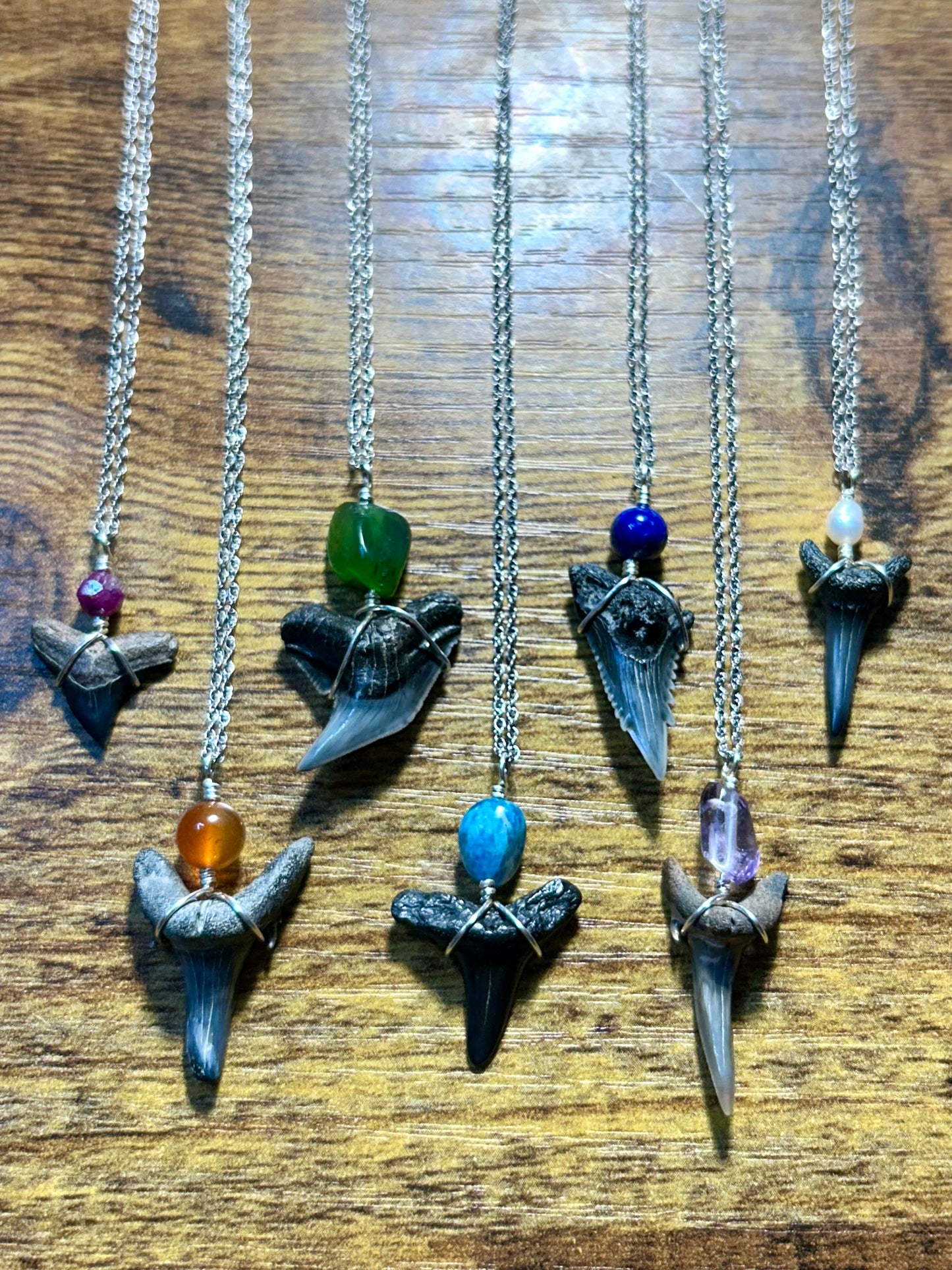 Shark Tooth Fossil & Gemstone Pendant Simple Sterling Silver Chain Necklace (Ruby/Carnelian/Jade/Apatite/Lapis Lazuli/Ametrine/Pearl)