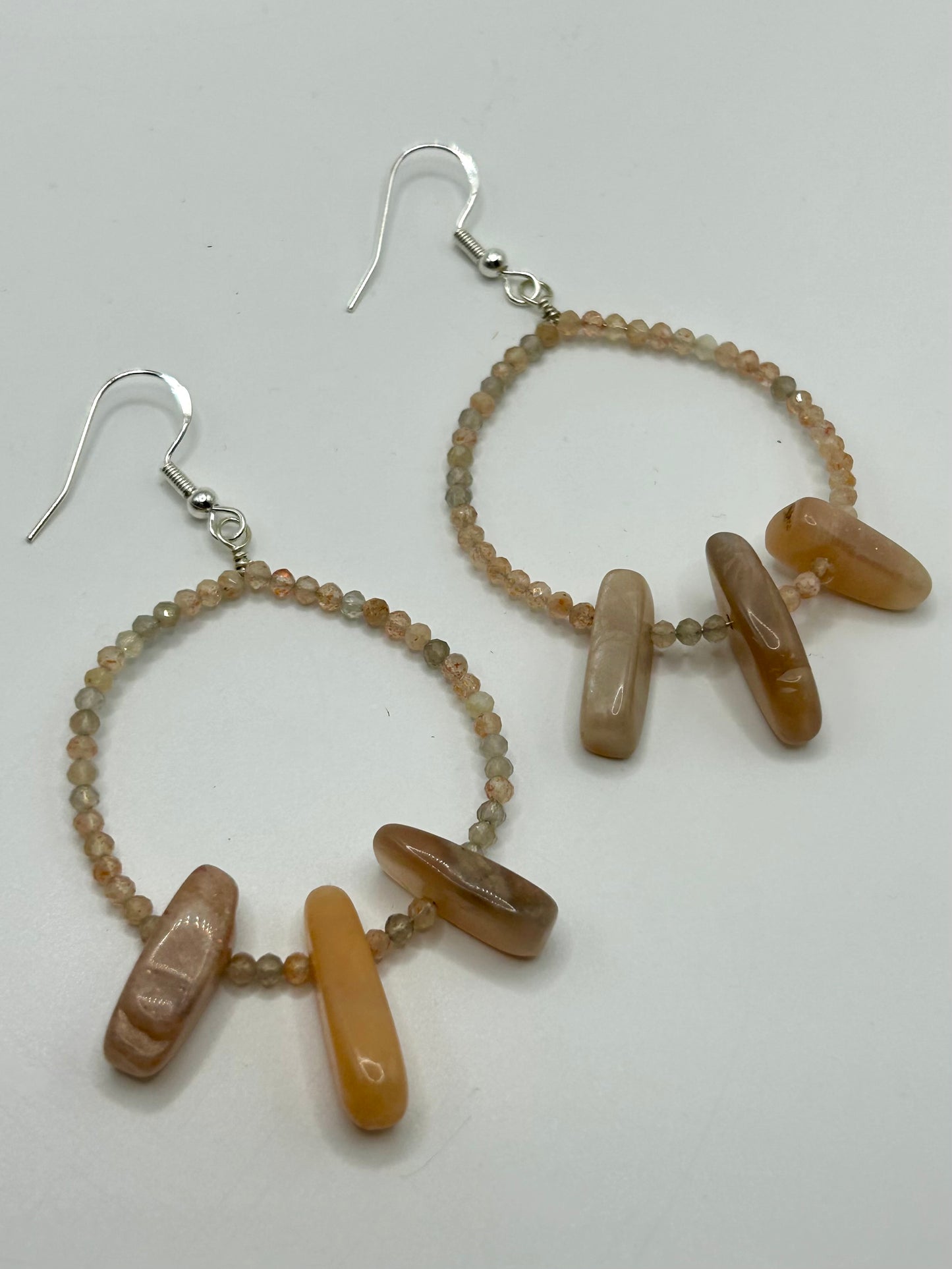 Sunstone & Peach Moonstone Gemstone Sterling Silver Dangly Hoop Earrings