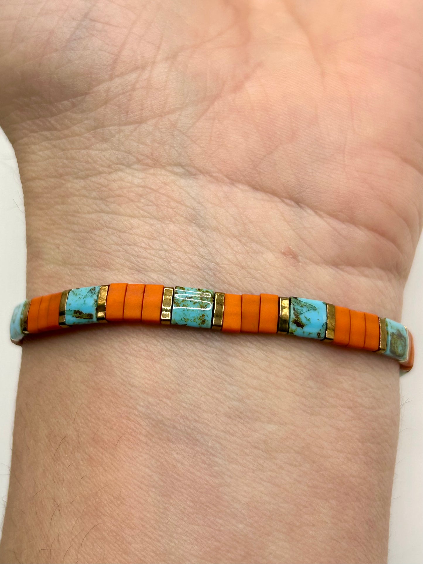 Sunset Turquoise Tila Glass Bead Elastic Bracelet Collection