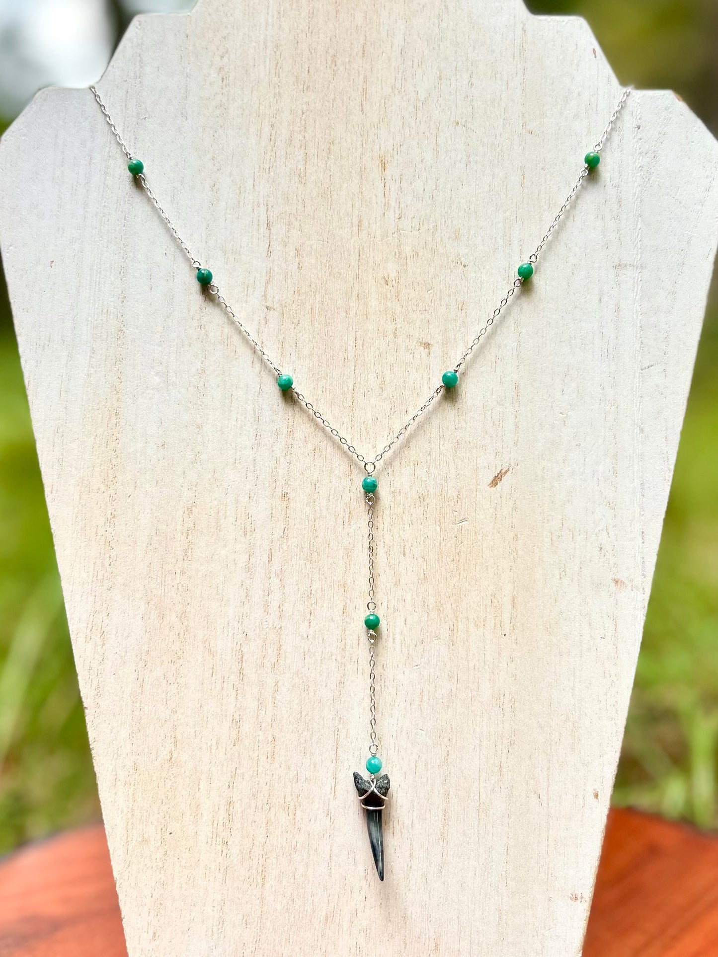 Shark Tooth Fossil with Amazonite Gemstone Sterling Silver Satellite Chain Wire Wrapped Lariat Necklace