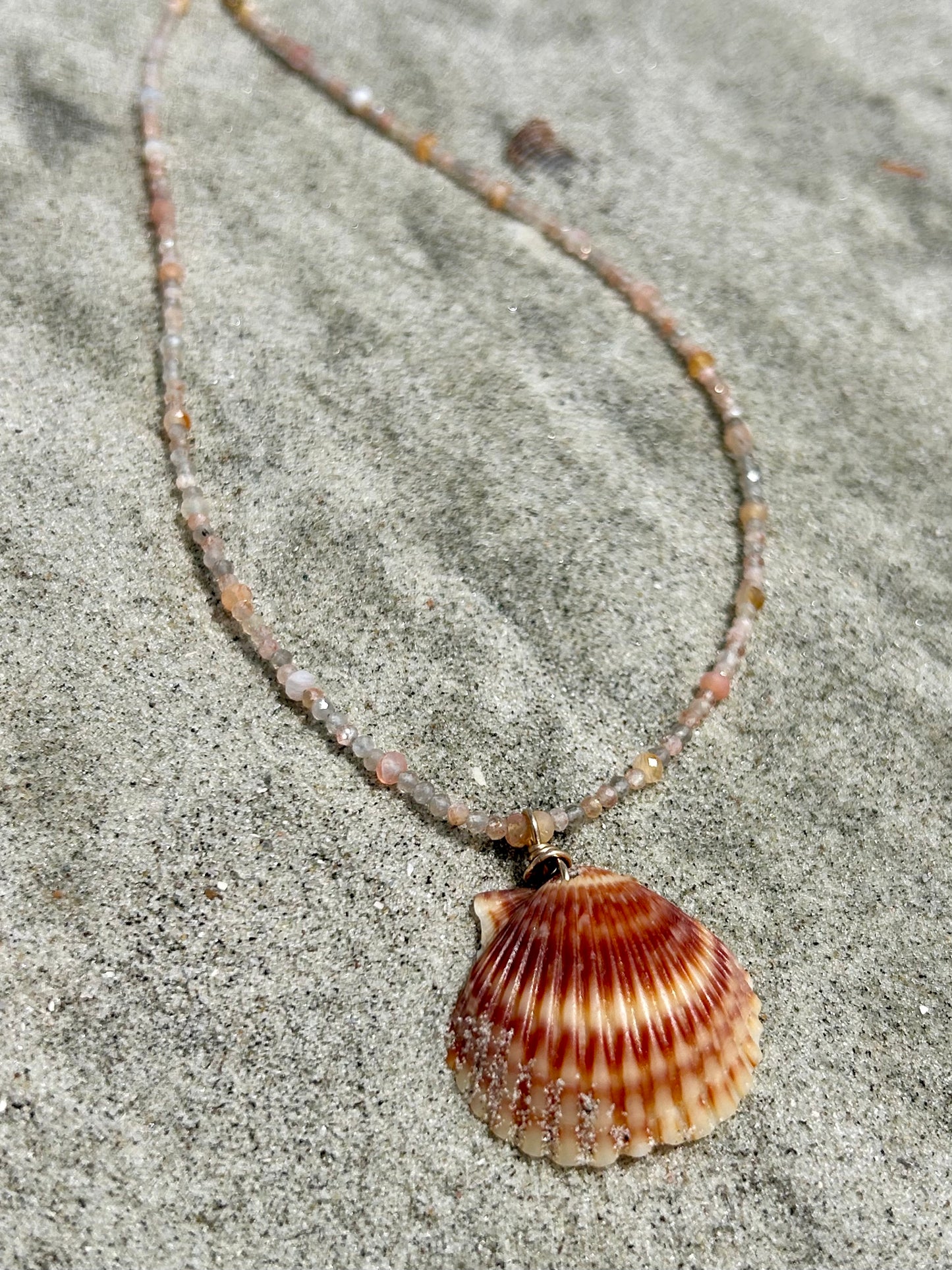 Scallop Shell, Moonstone & Botswana Agate Gemstone Beaded Necklace