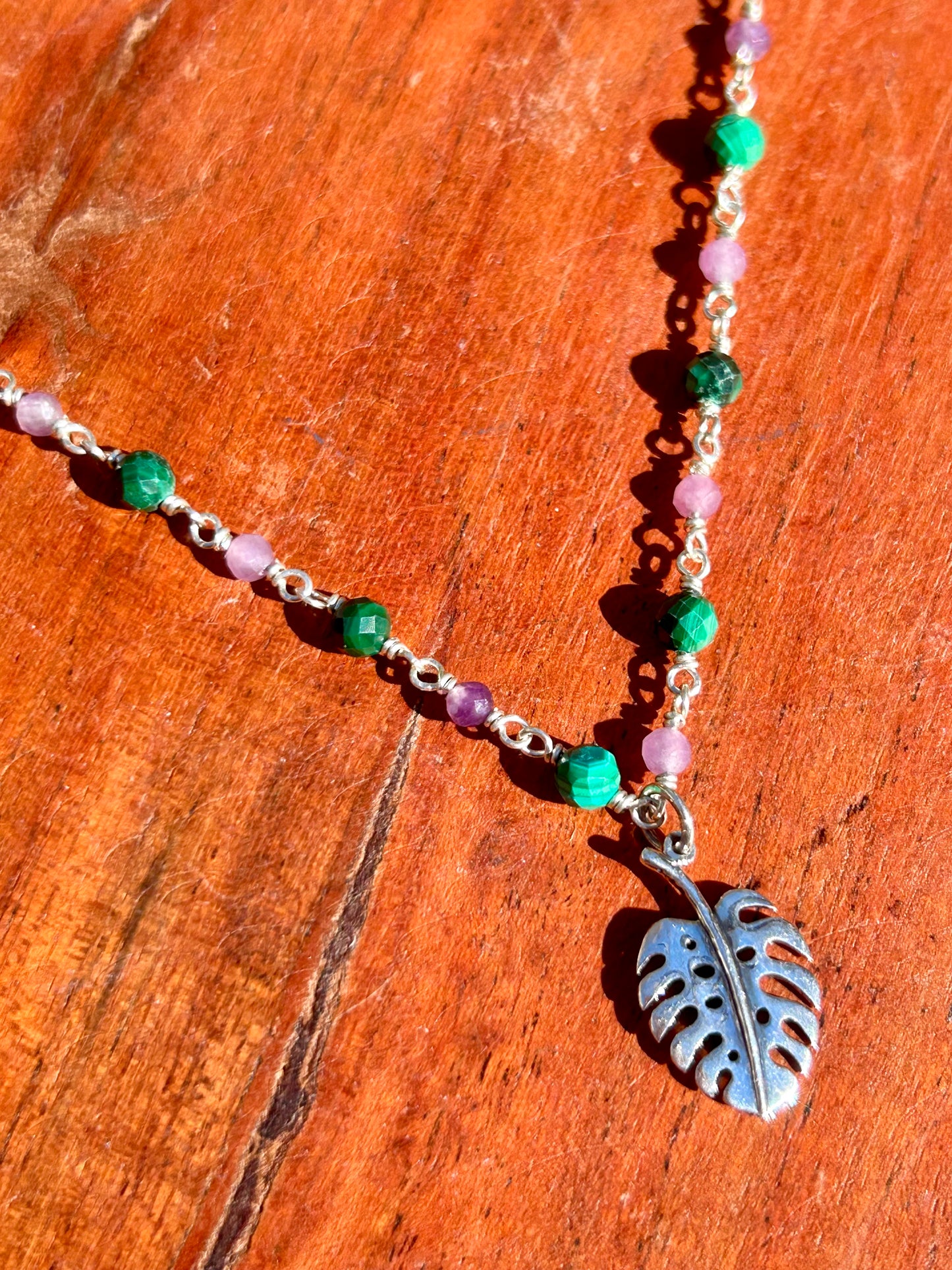 Monstera Leaf with Malachite & Lepidolite Gemstone Sterling Silver Chain Link Wire Wrapped Necklace