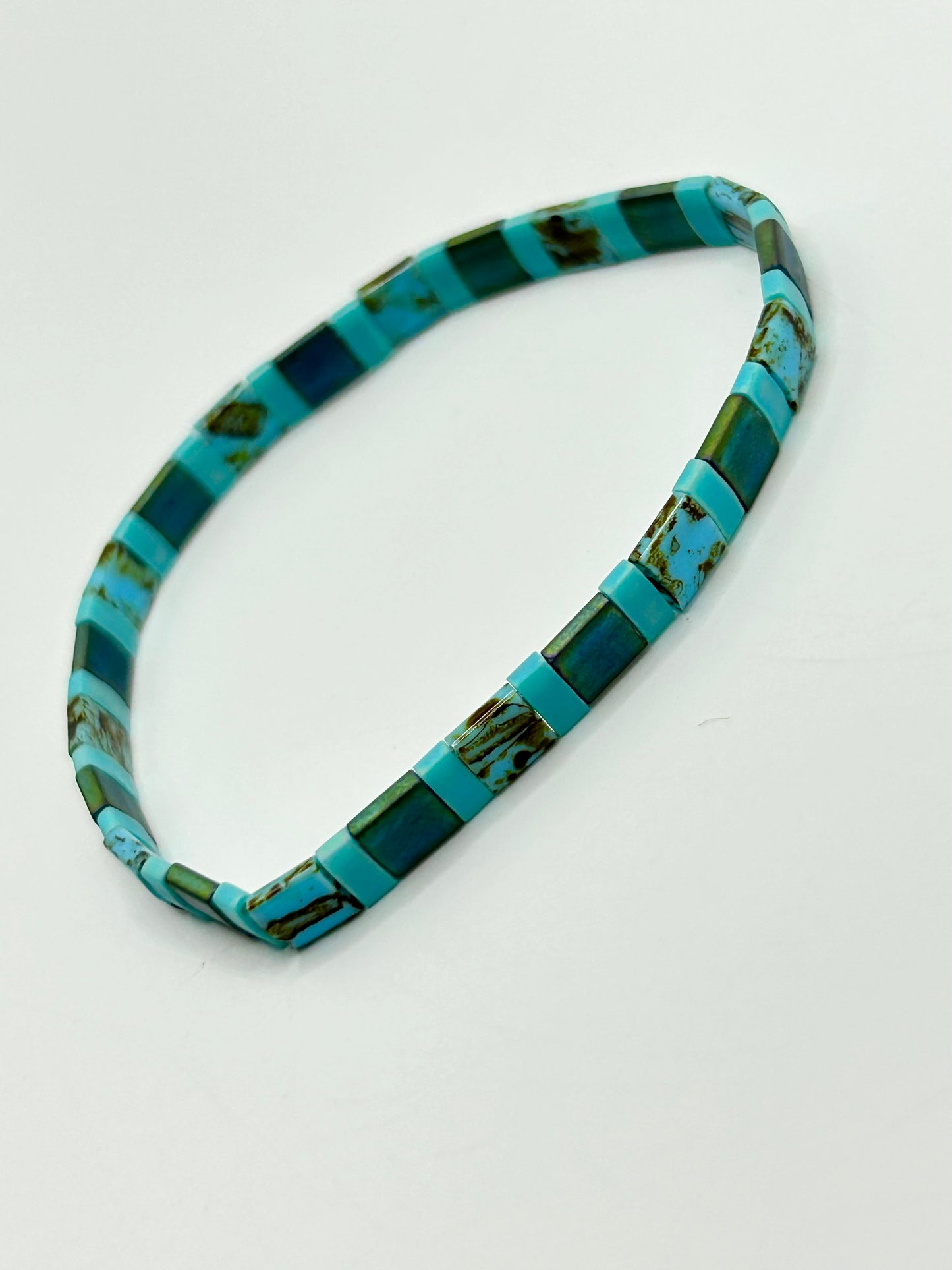 Sunset Turquoise Tila Glass Bead Elastic Bracelet Collection