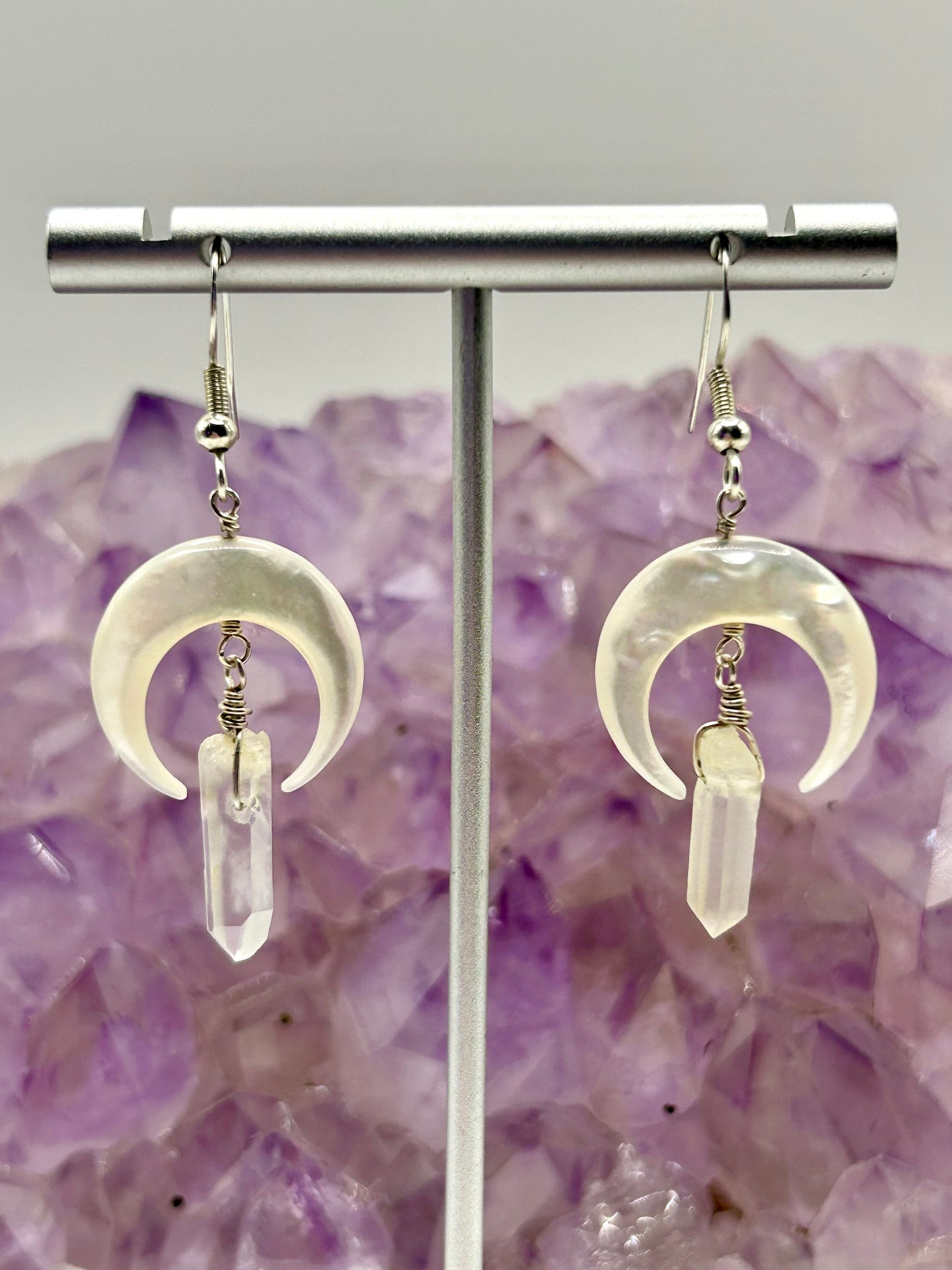 Shell Moons & Quartz Gemstone Sterling Silver / 14k Gold Filled Dangly Earrings
