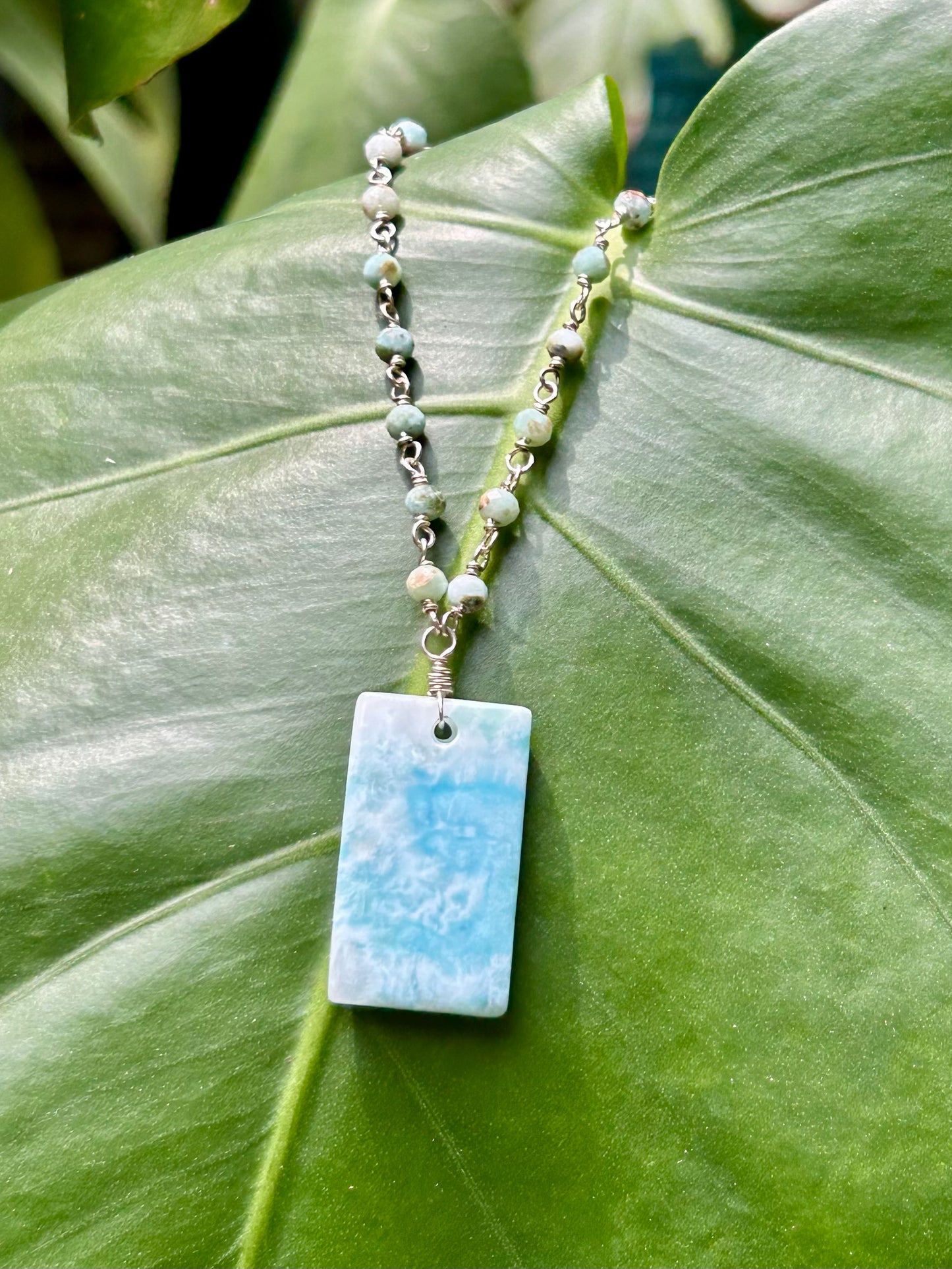 Larimar Gemstone Sterling Silver Chain Link Wire Wrapped Necklace