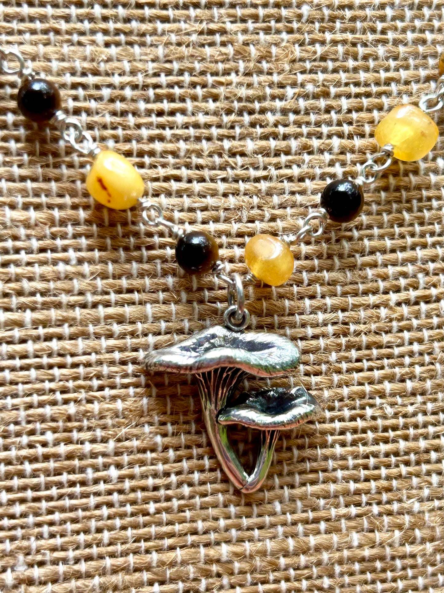 Chanterelle Mushroom with Amber & Tiger’s Eye Gemstone Sterling Silver Chain Link Wire Wrapped Necklace