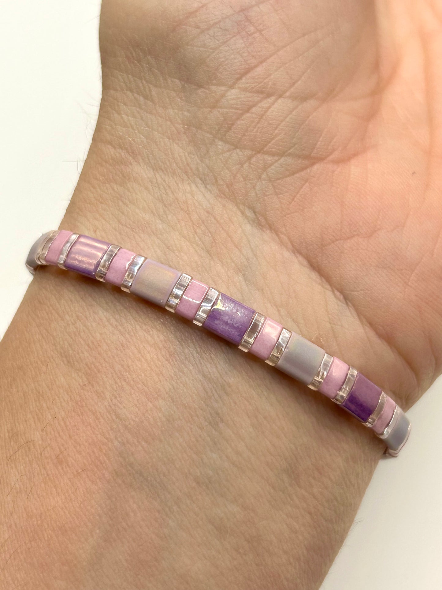 Raspberry Bloom Tila Glass Bead Elastic Bracelet Collection