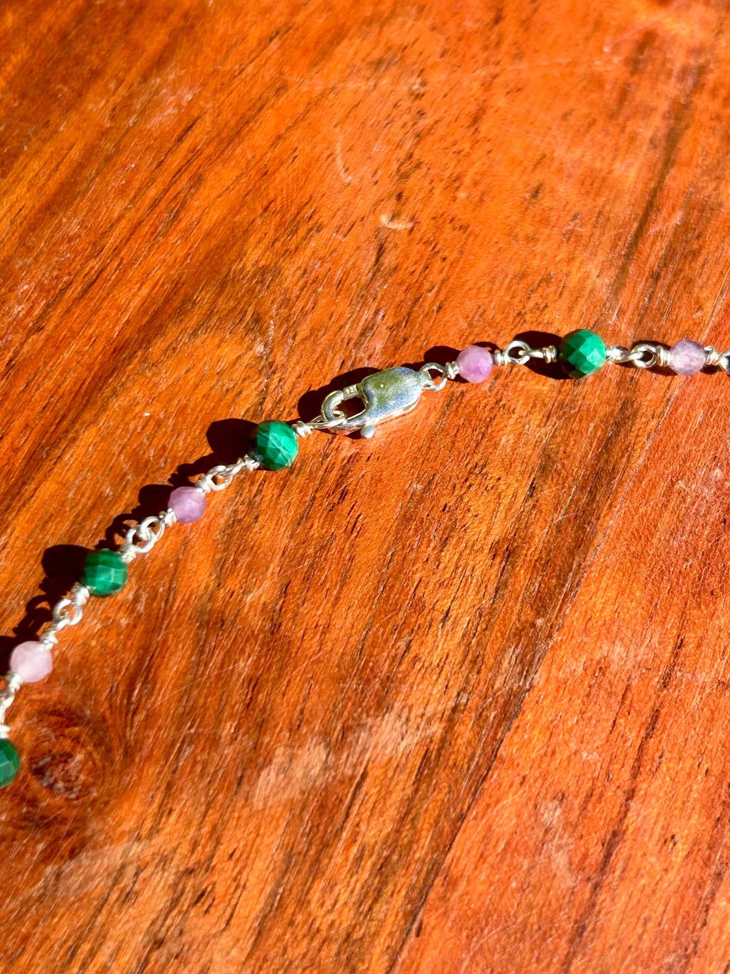 Monstera Leaf with Malachite & Lepidolite Gemstone Sterling Silver Chain Link Wire Wrapped Necklace