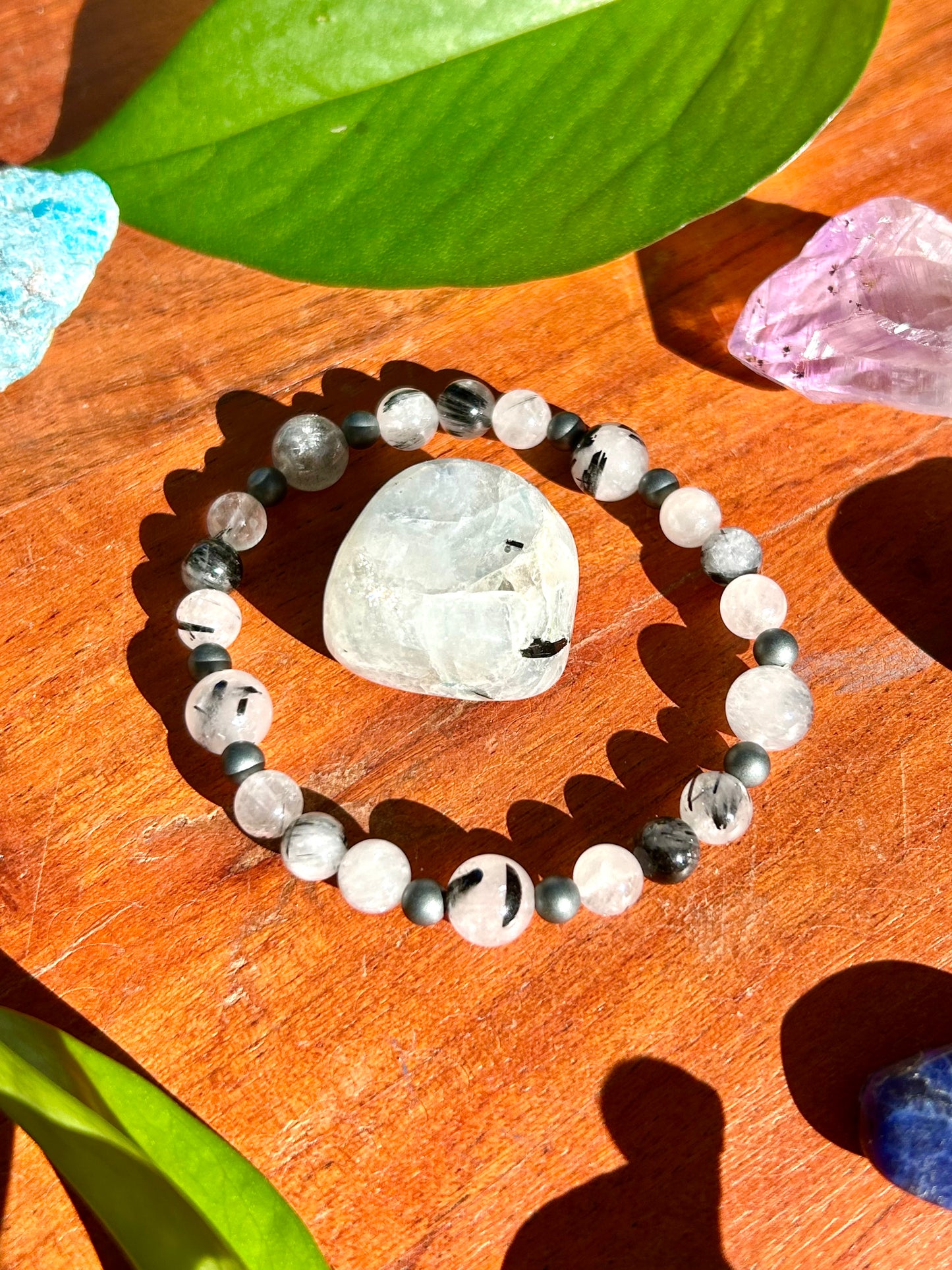 Tourmalinated Quartz & Matte Hematite Gemstone Bracelet