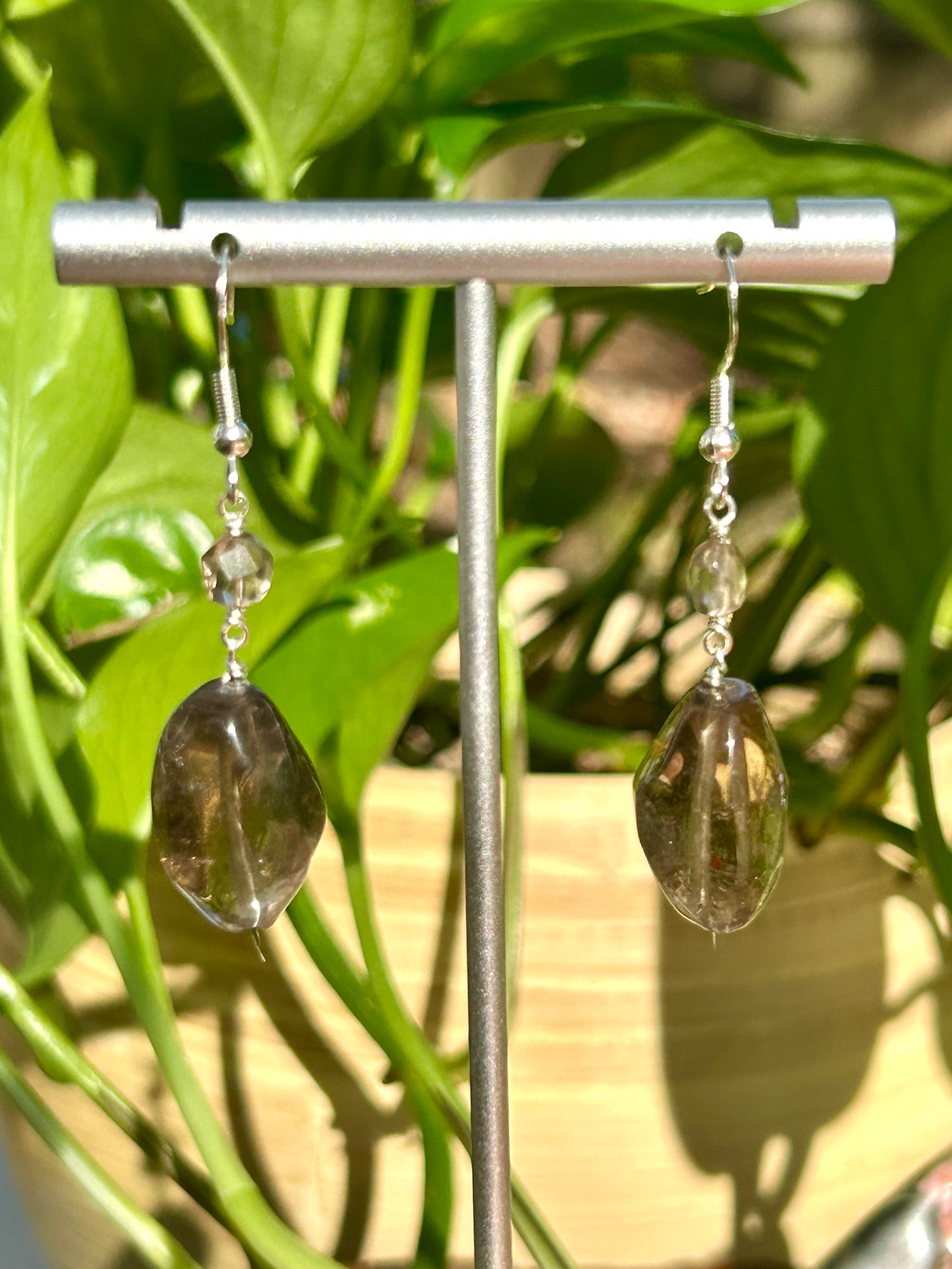 Smoky Quartz Gemstone Sterling Silver Dangly Earrings