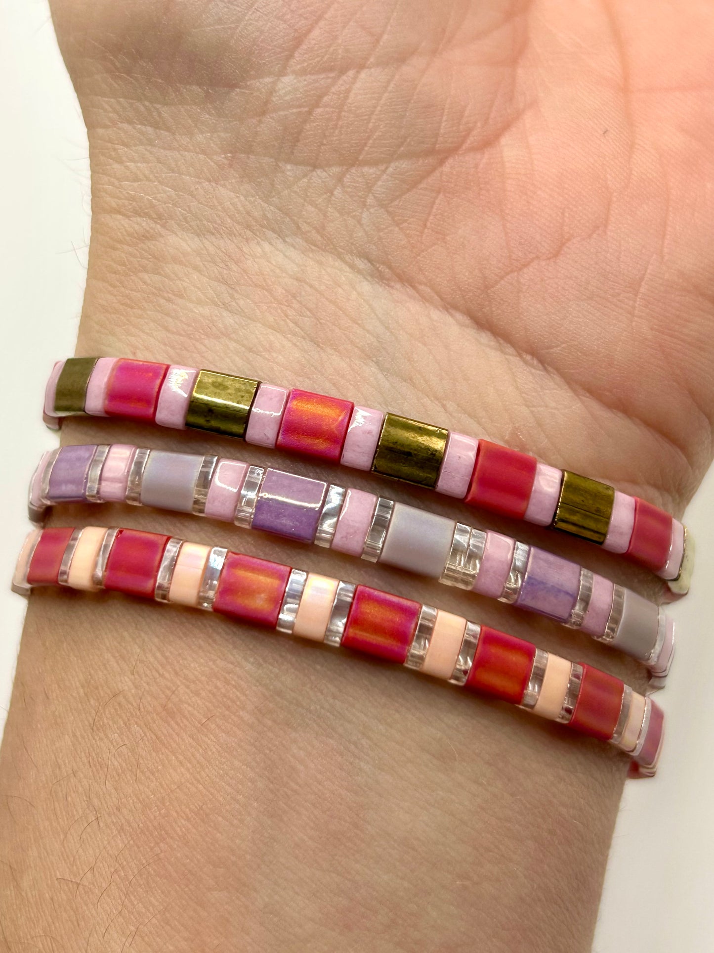 Raspberry Bloom Tila Glass Bead Elastic Bracelet Collection