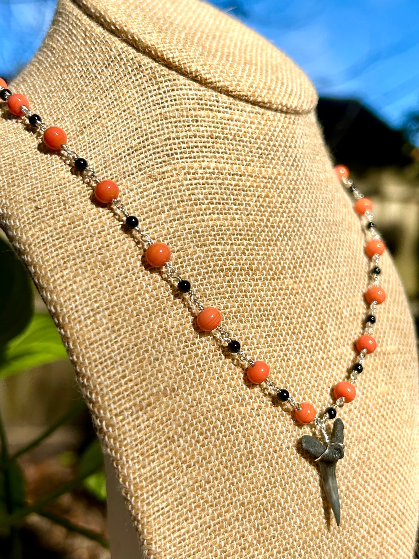 Shark Tooth Fossil with Coral & Black Onyx Sterling Silver Chain Link Wire Wrapped Necklace
