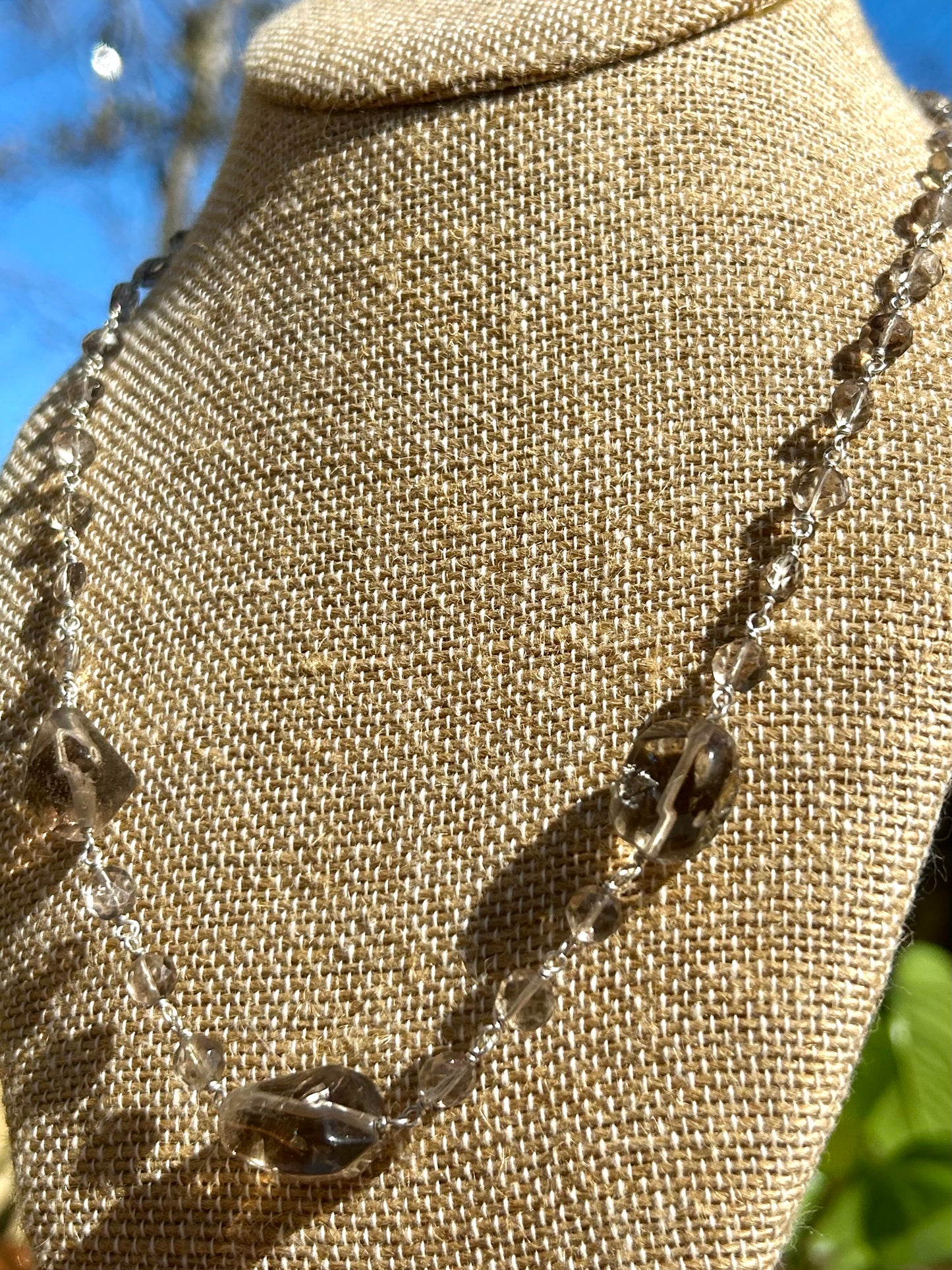 Smoky Quartz Gemstone Sterling Silver Chain Link Wire Wrapped Necklace