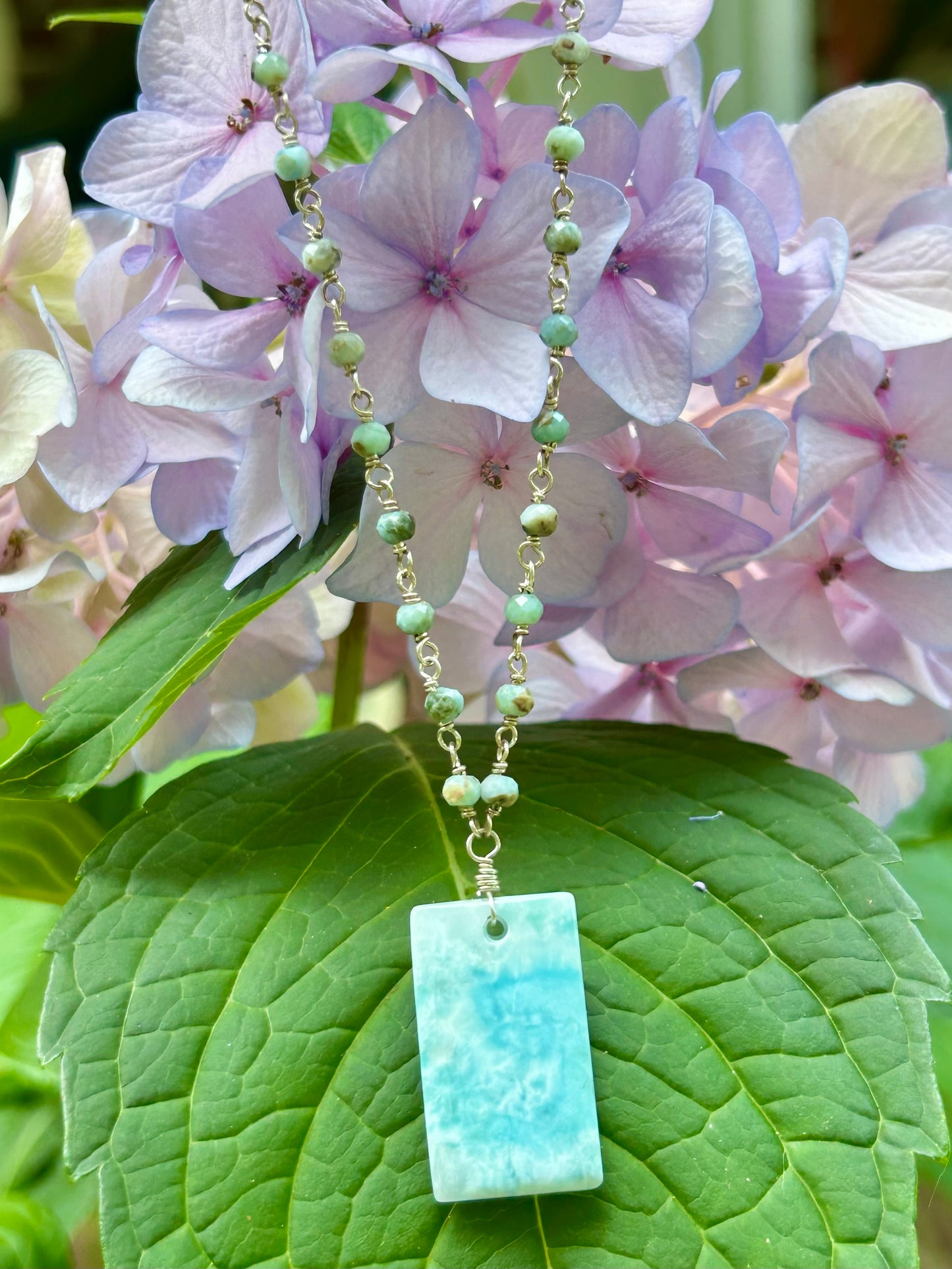 Larimar Gemstone Sterling Silver Chain Link Wire Wrapped Necklace