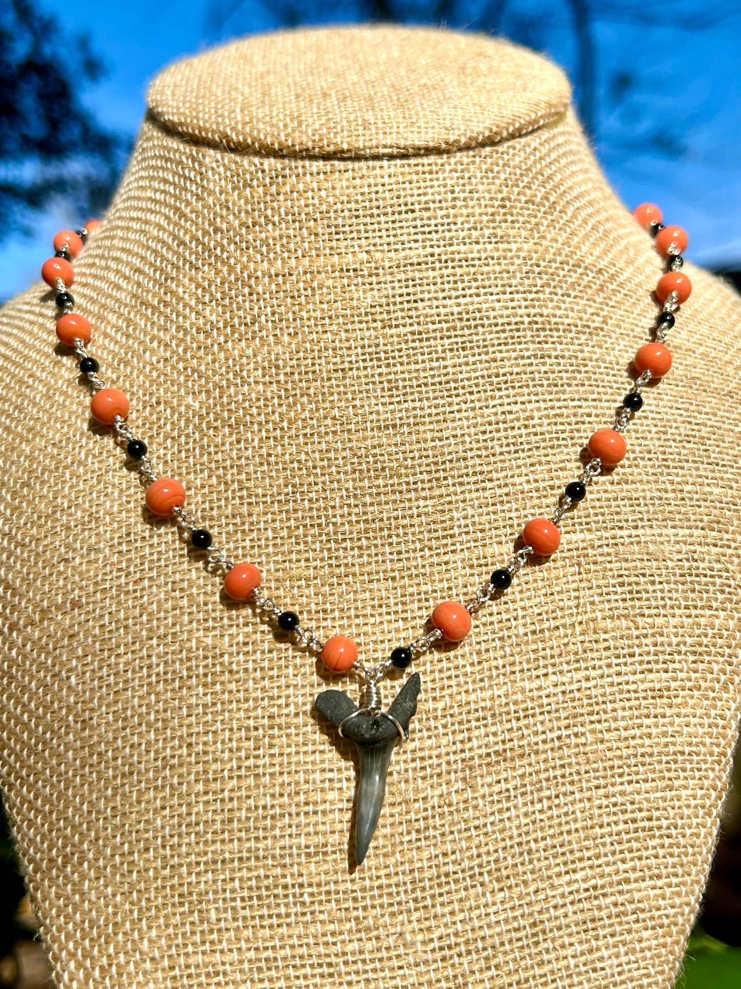 Shark Tooth Fossil with Coral & Black Onyx Sterling Silver Chain Link Wire Wrapped Necklace