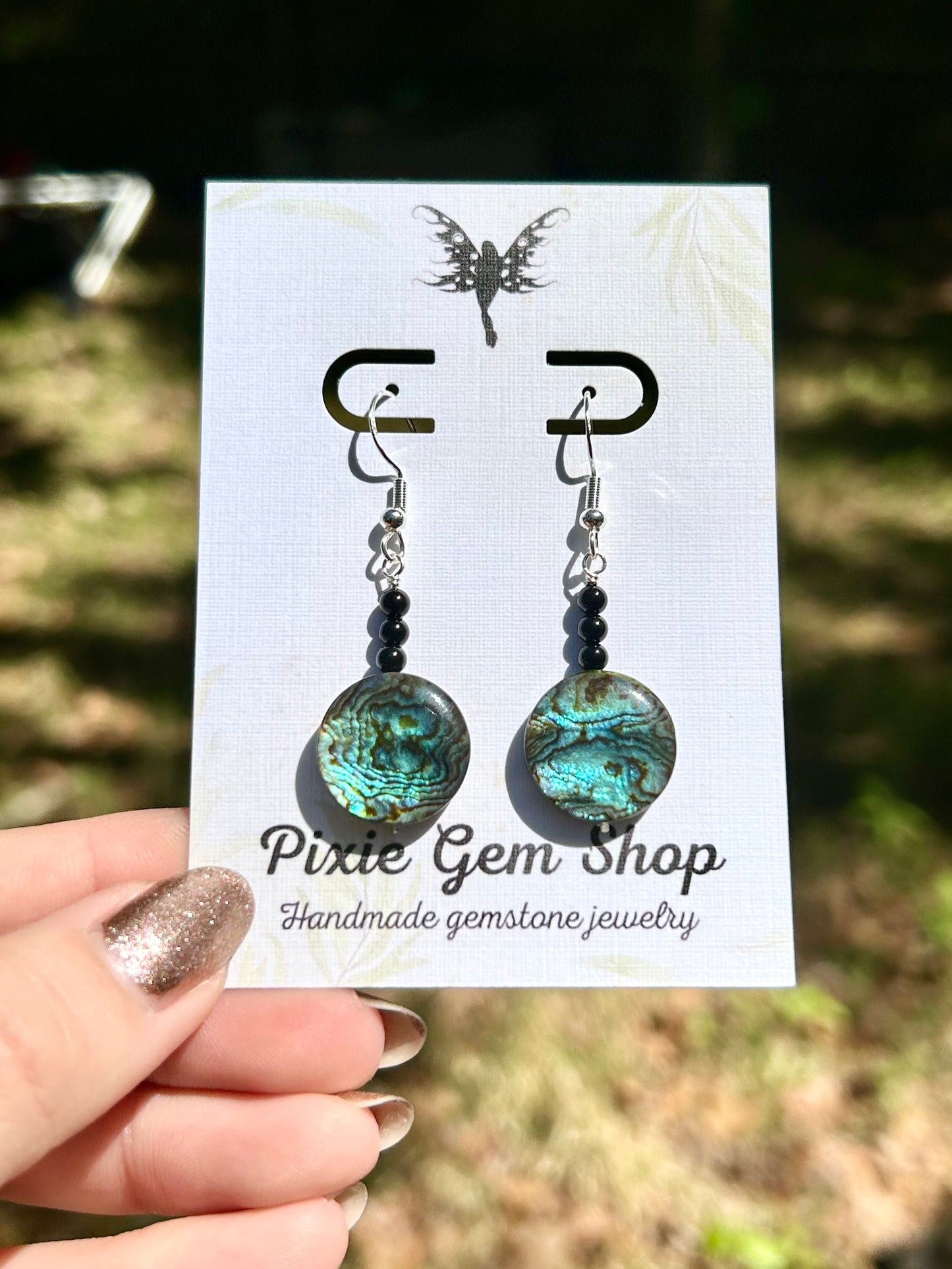 Abalone Shell & Black Onyx Gemstone Sterling Silver Dangly Earrings