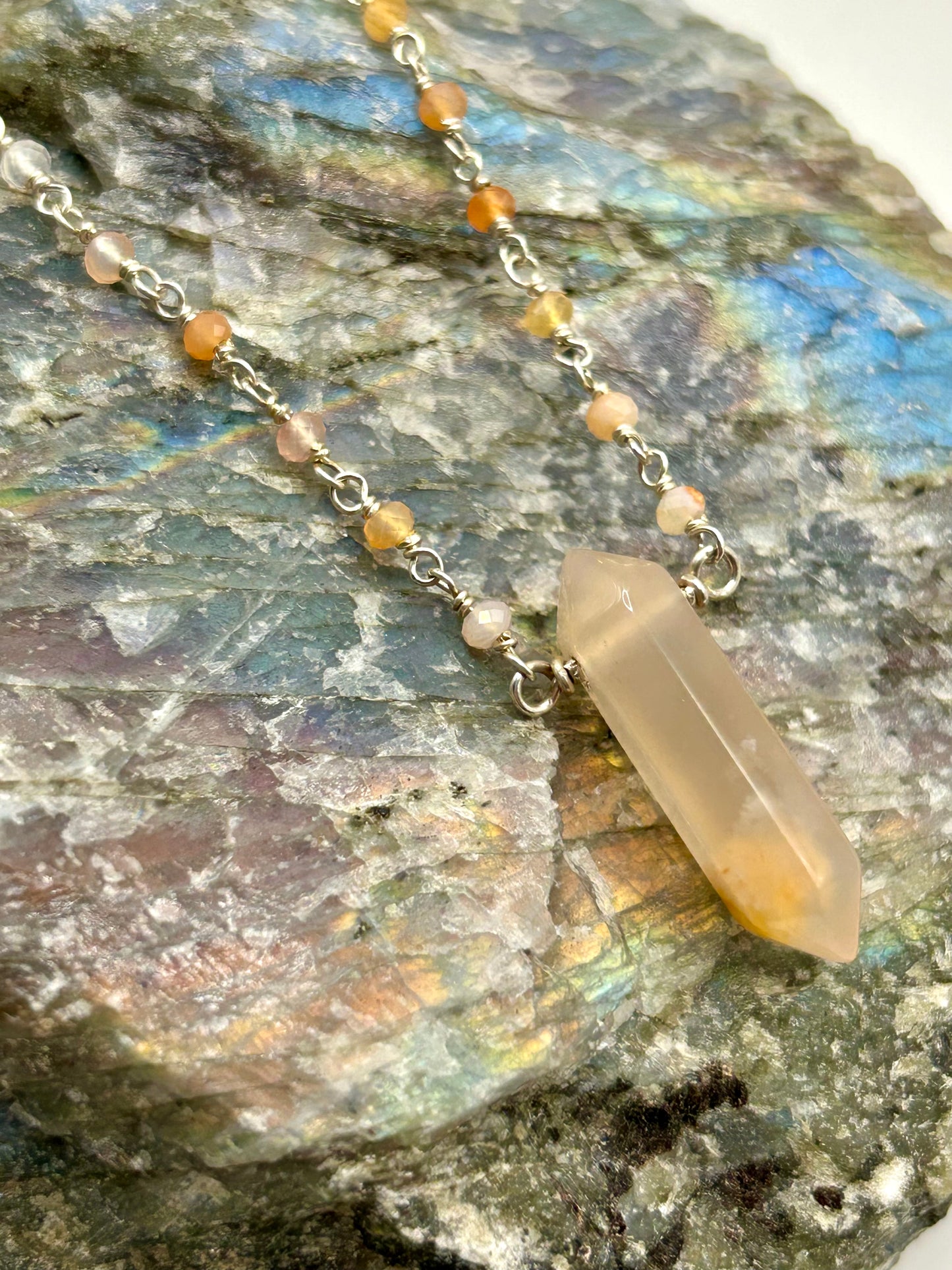 Botswana Agate & Flower Agate Gemstone Sterling Silver Chain Link Wire Wrapped Necklace