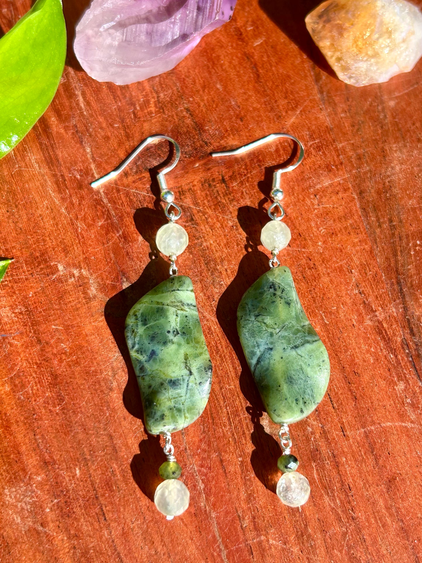 Serpentine, Prehnite & Jade Gemstone Sterling Silver Dangly Earrings