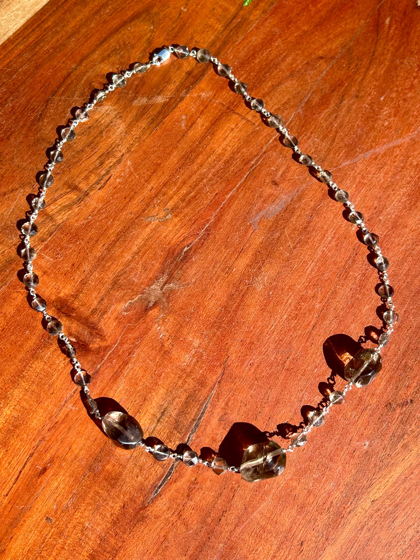 Smoky Quartz Gemstone Sterling Silver Chain Link Wire Wrapped Necklace
