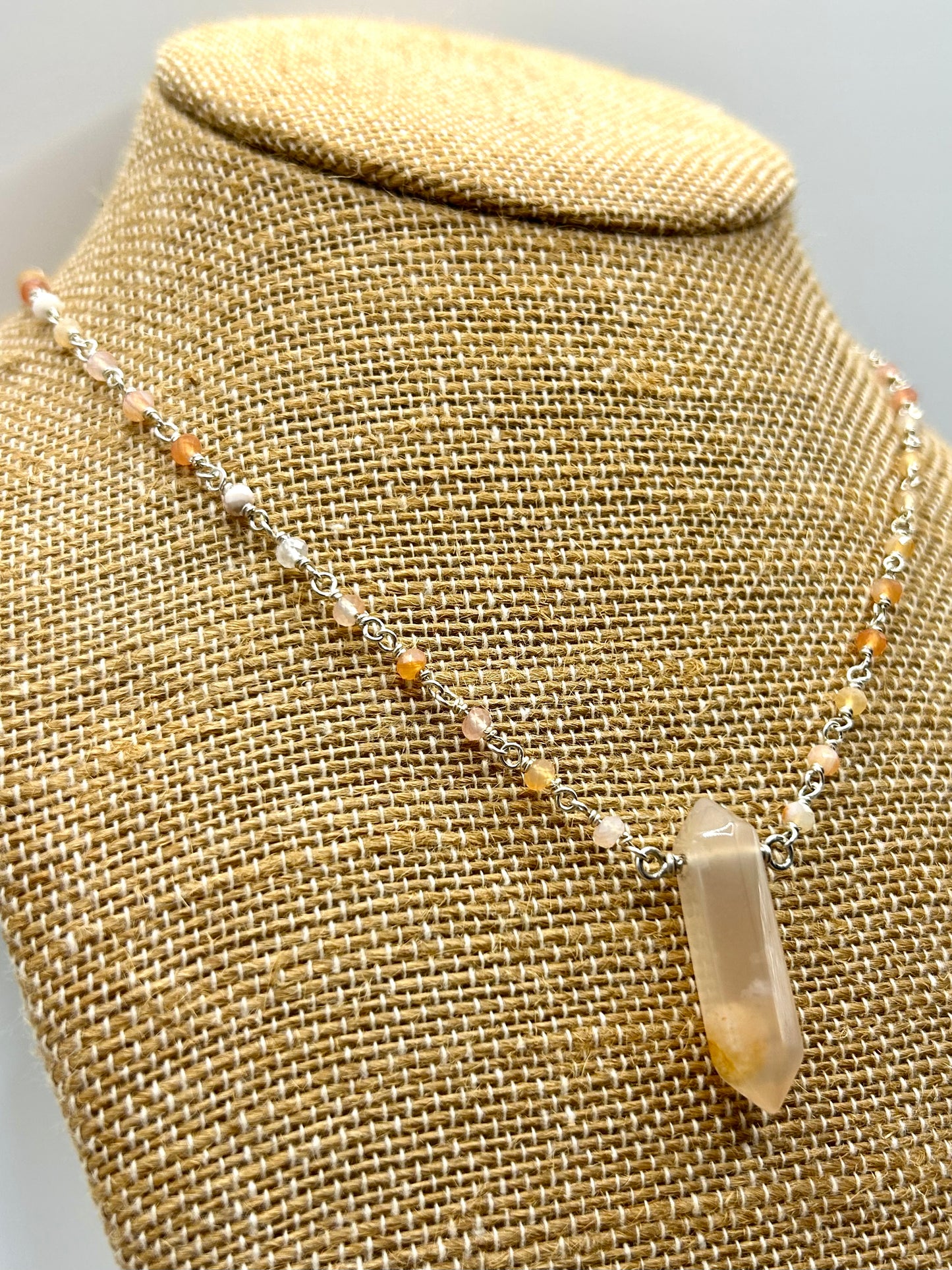 Botswana Agate & Flower Agate Gemstone Sterling Silver Chain Link Wire Wrapped Necklace