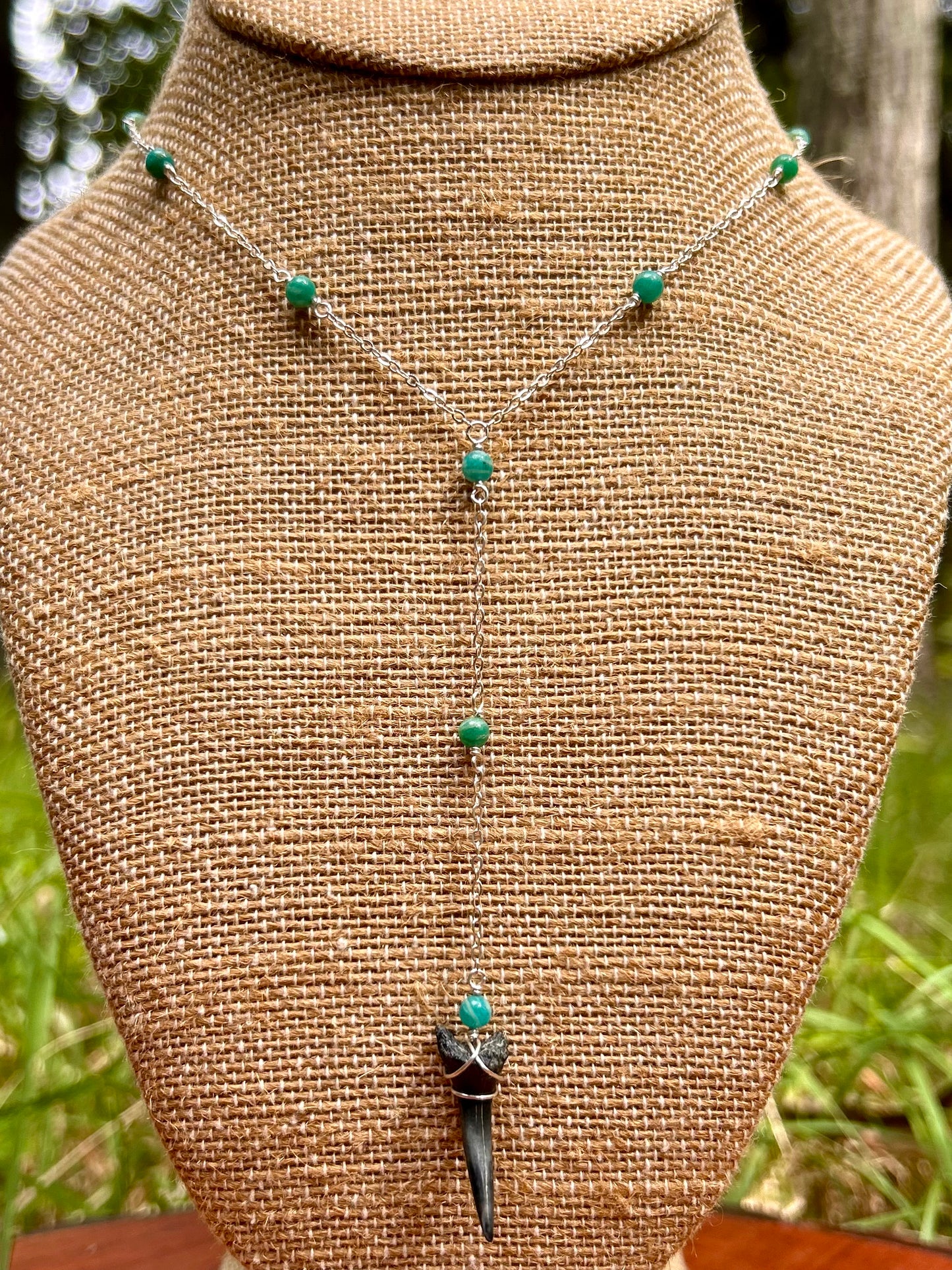 Shark Tooth Fossil with Amazonite Gemstone Sterling Silver Satellite Chain Wire Wrapped Lariat Necklace