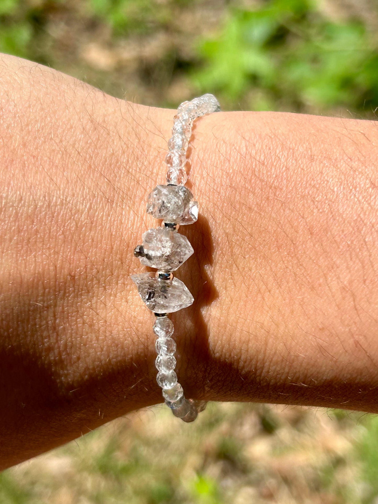 Genuine Herkimer Diamond Gemstone Beaded Bracelet with 925 Sterling Silver Spacer Beads (Iolite/Pietersite/Alalite/Topaz/Rhodonite)