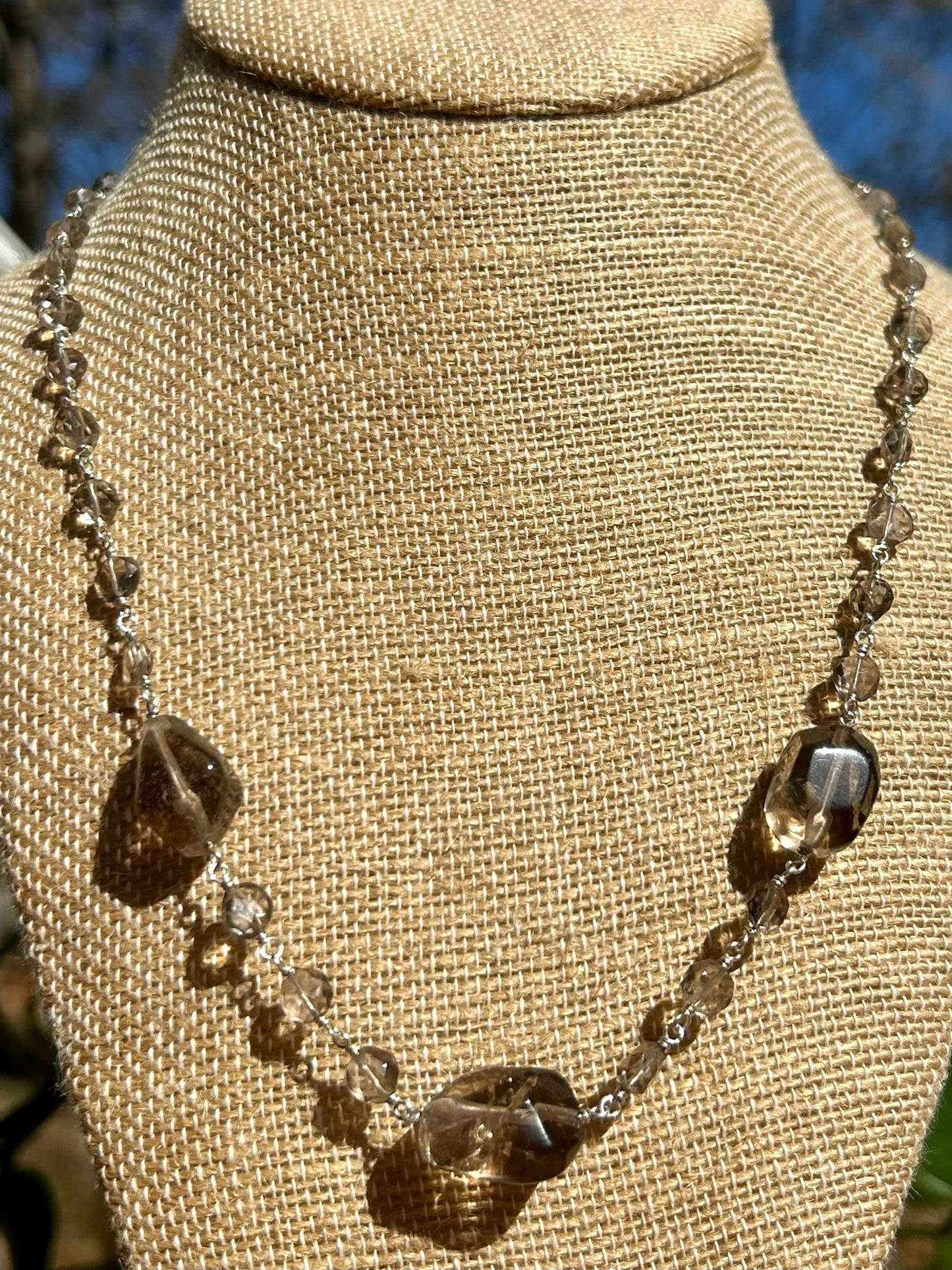 Smoky Quartz Gemstone Sterling Silver Chain Link Wire Wrapped Necklace