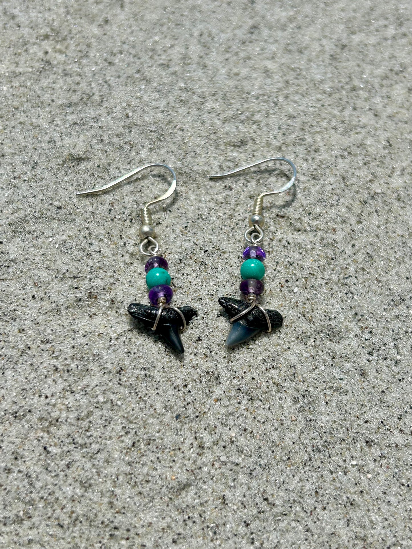 Shark Tooth Fossil with Amethyst & Turquoise Gemstone Sterling Silver Dangly Earrings